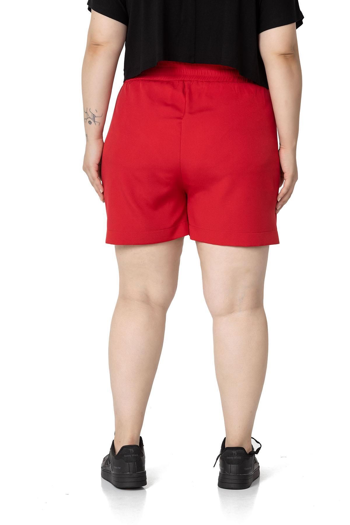 DISENTIS MODEST-Large Size Red Shorts with Elastic Waist and Back Pockets 4