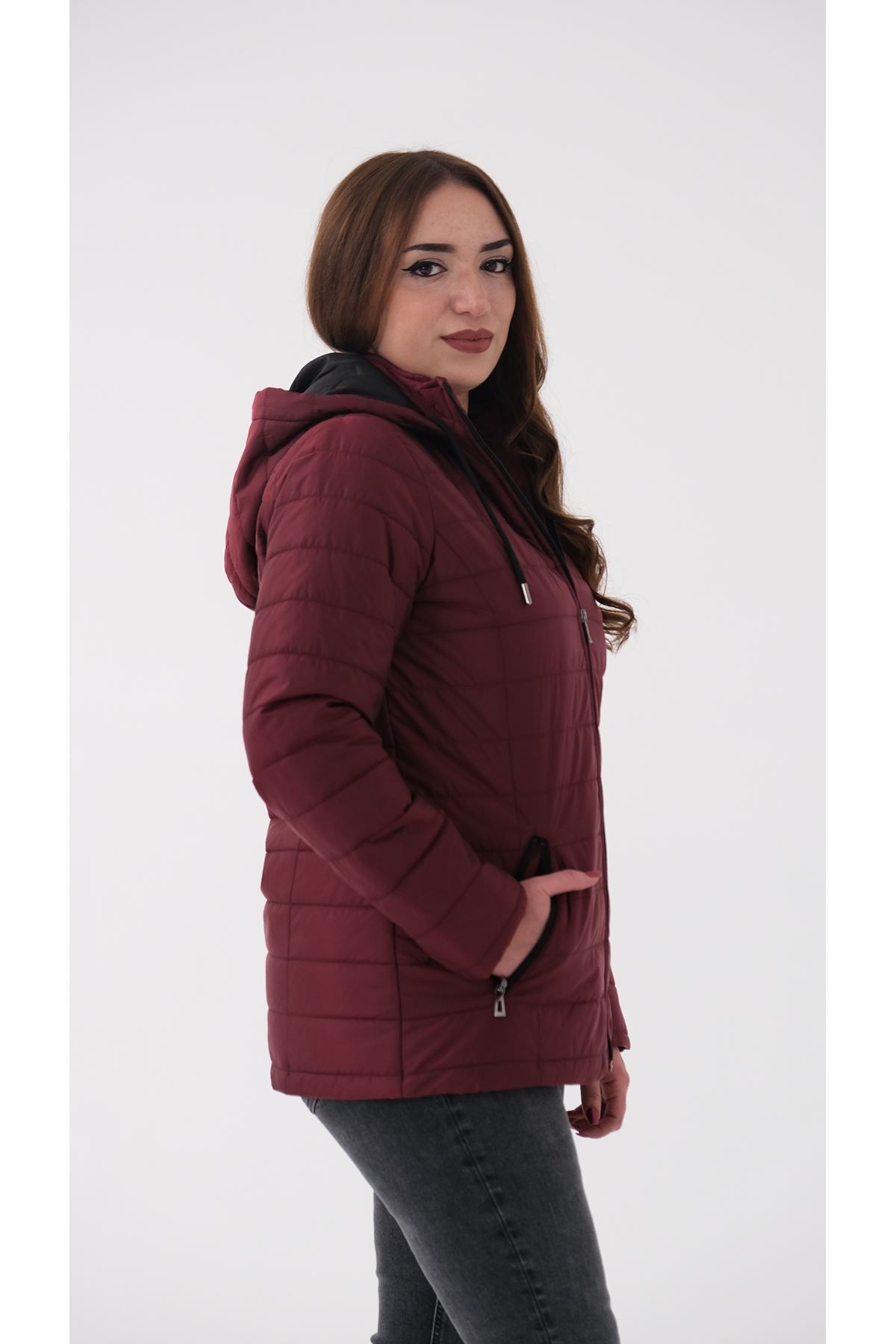 Blues Outlet-PALTON MATLASAT CU Glugă, PENTRU FEMEI, ROȘU CLARET 3