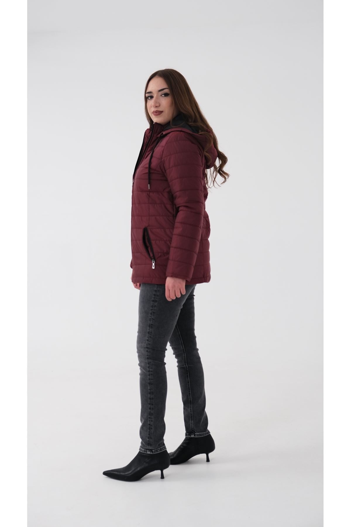 Blues Outlet-PALTON MATLASAT CU Glugă, PENTRU FEMEI, ROȘU CLARET 2