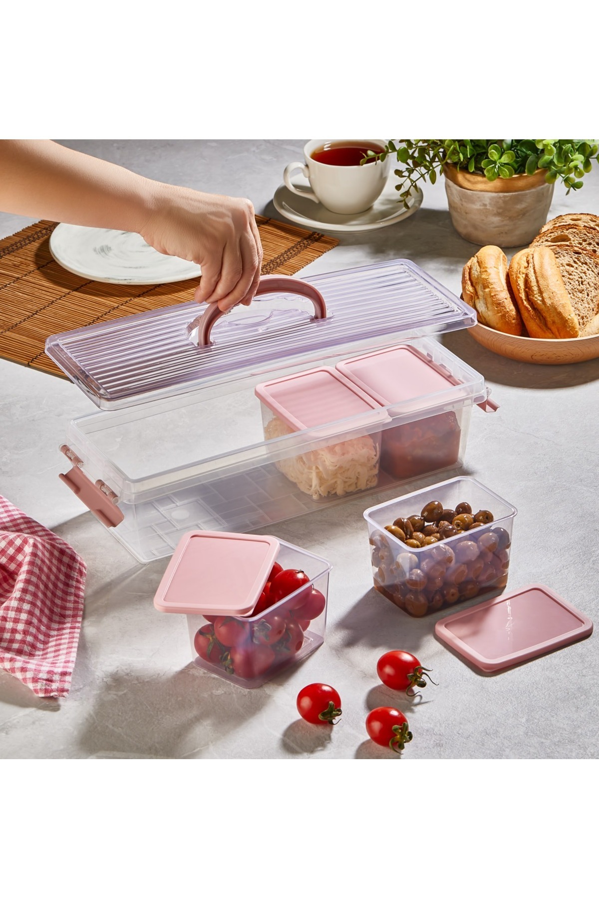 Minty Life 4 Bölmeli Kapaklı, Kulplu, 3,5 Lt Buzdolabı Ve Dolap Düzenleyici Organizer Lujo Box Pembe