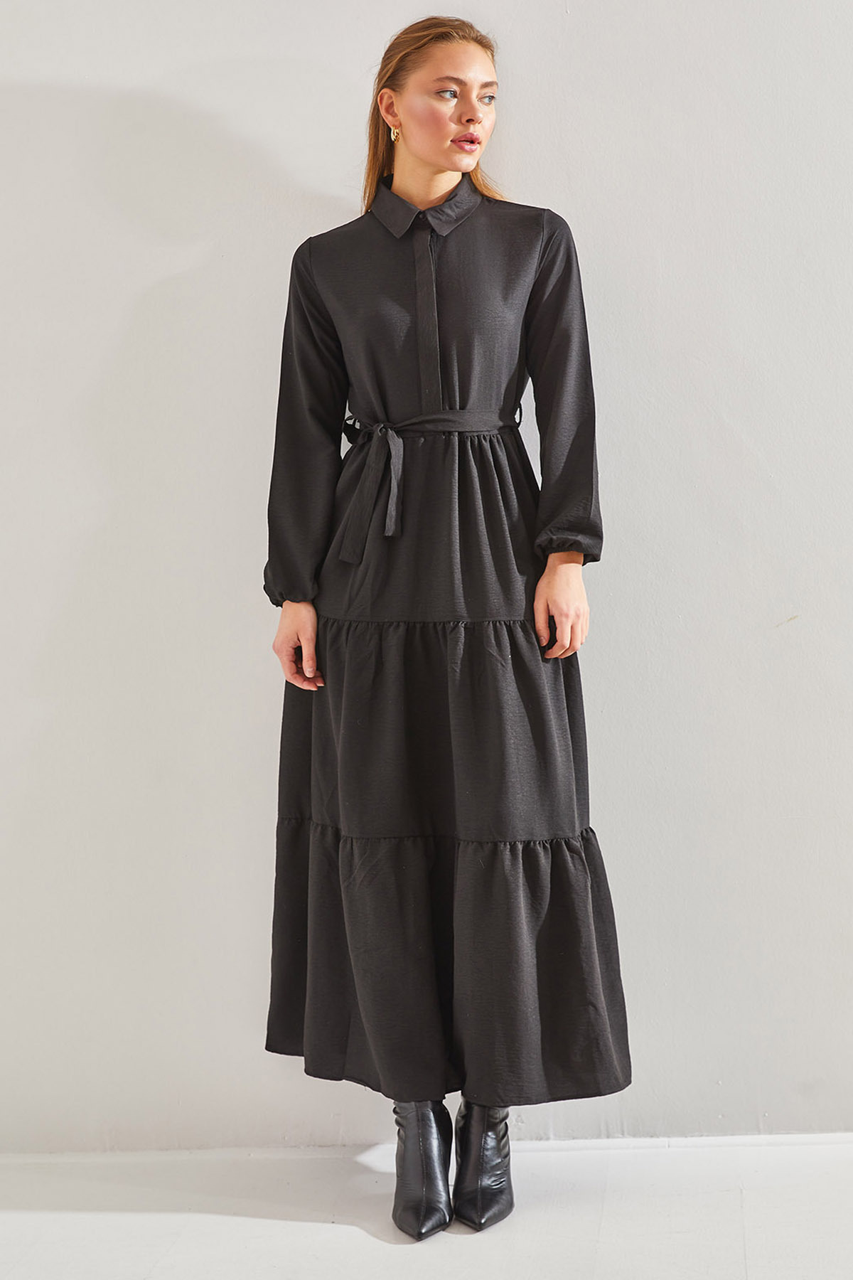 Bianco Lucci Modest Damska sukienka hidżab z zapinanym na guziki kołnierzem i...