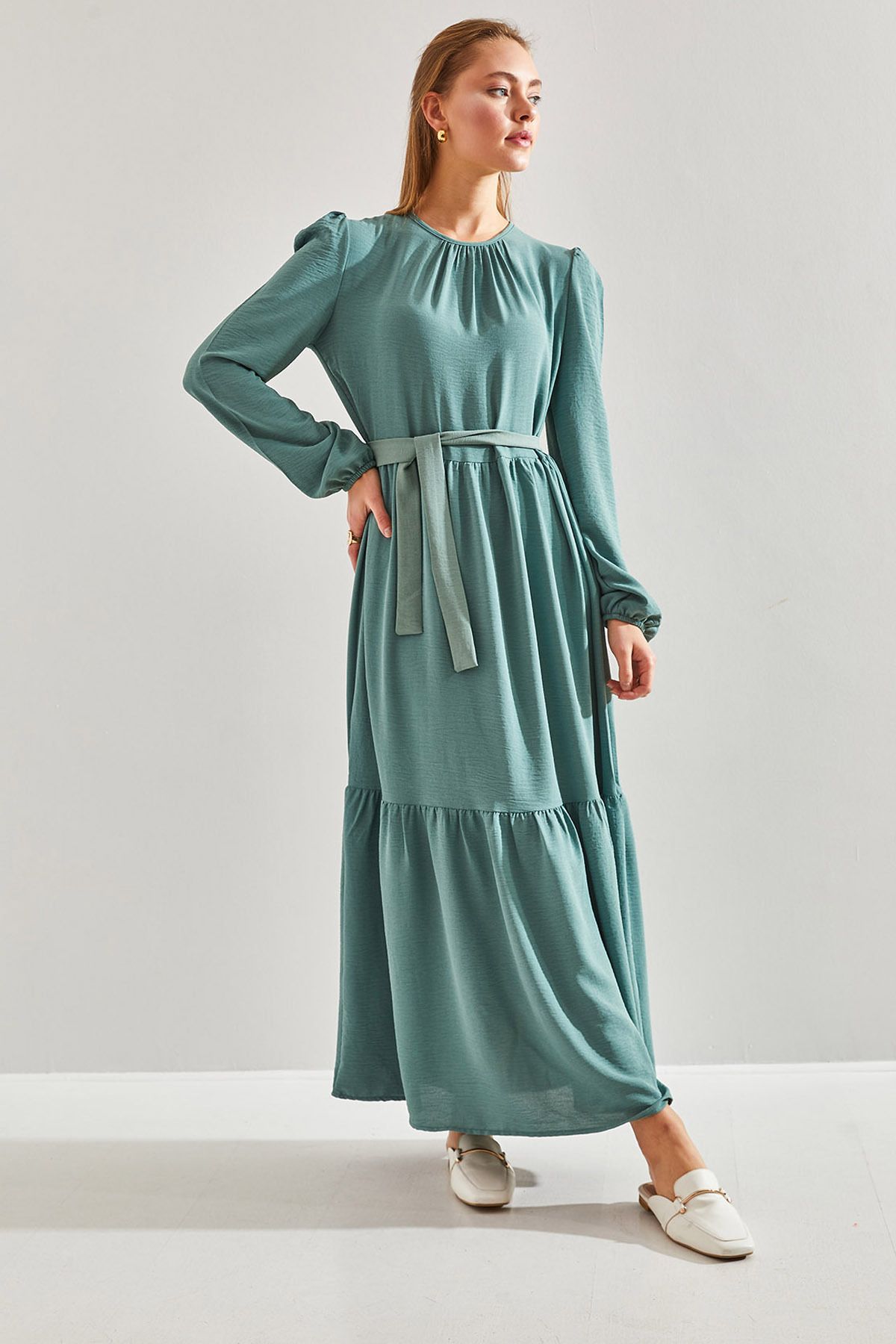 Bianco Lucci Modest-Women's Three-Layer Flared Ayrobin Fabric Hijab Dress60151005 5