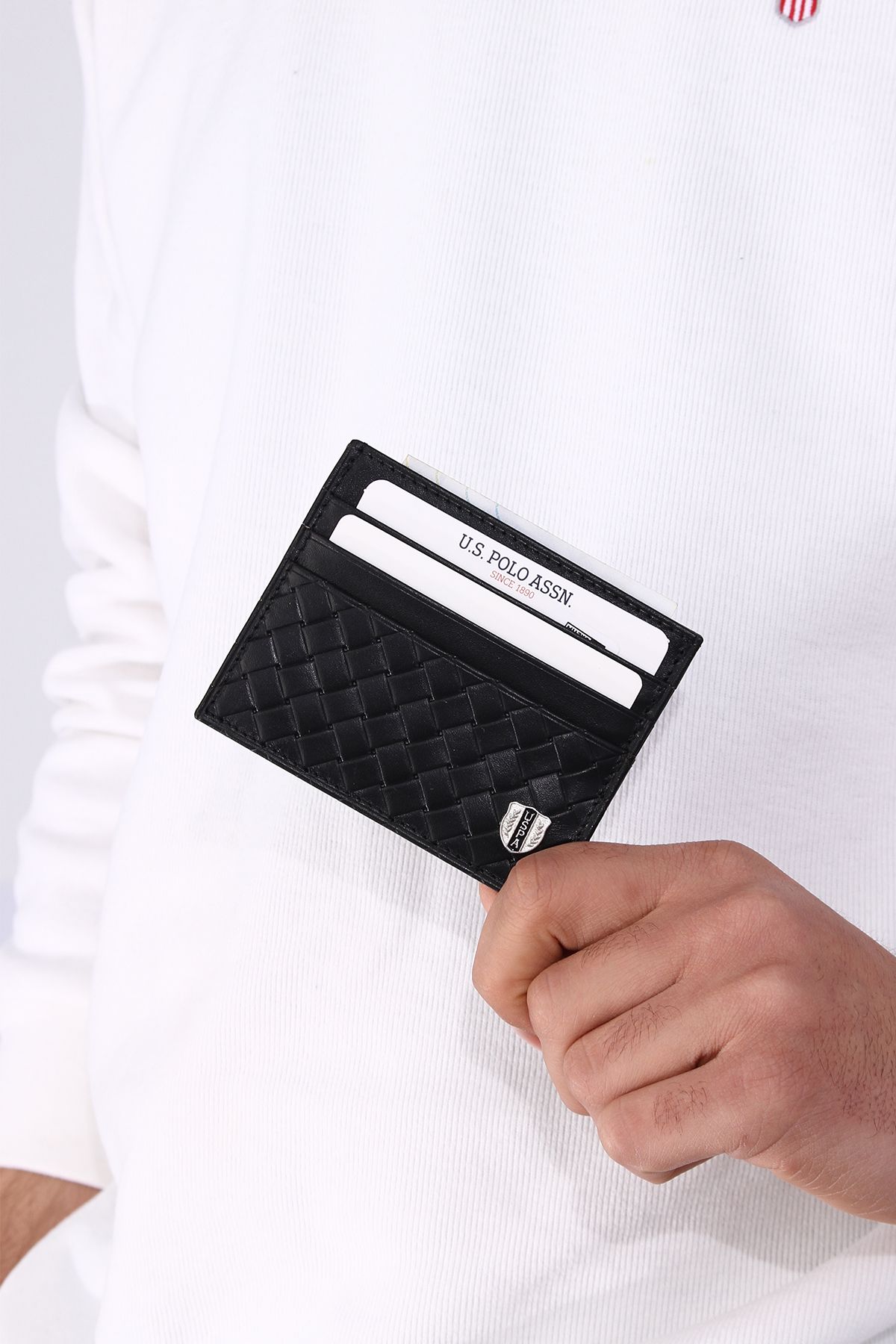 کارت دار مردانه و زنانه پایه چوگان ASSN. 7667 7668 7669 نگهدارنده چرمی واقعی سیاه U.S. Polo Assn.