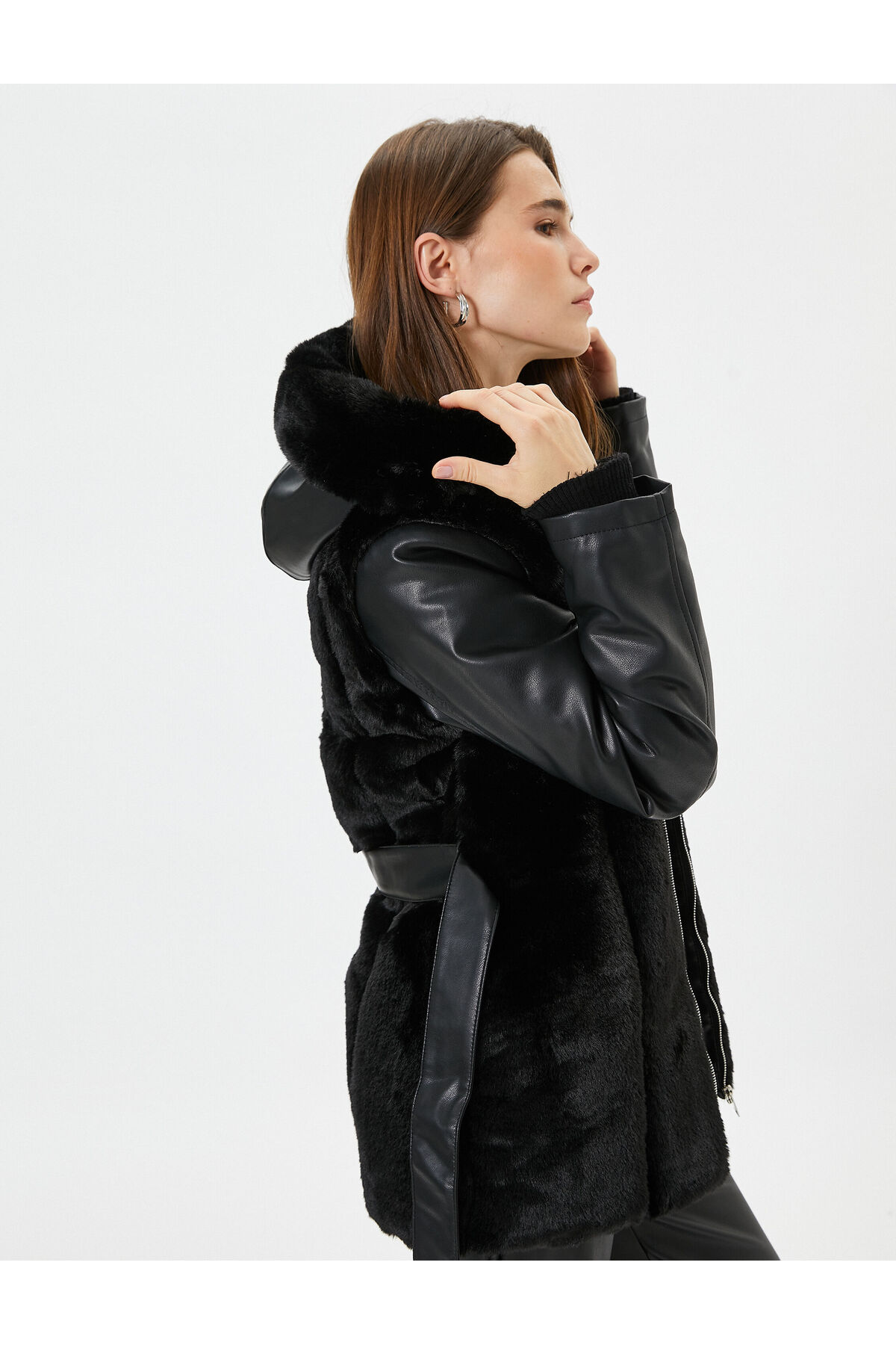 Faux Leather Coat Faux Fur Belted Waist Zipper Hooded