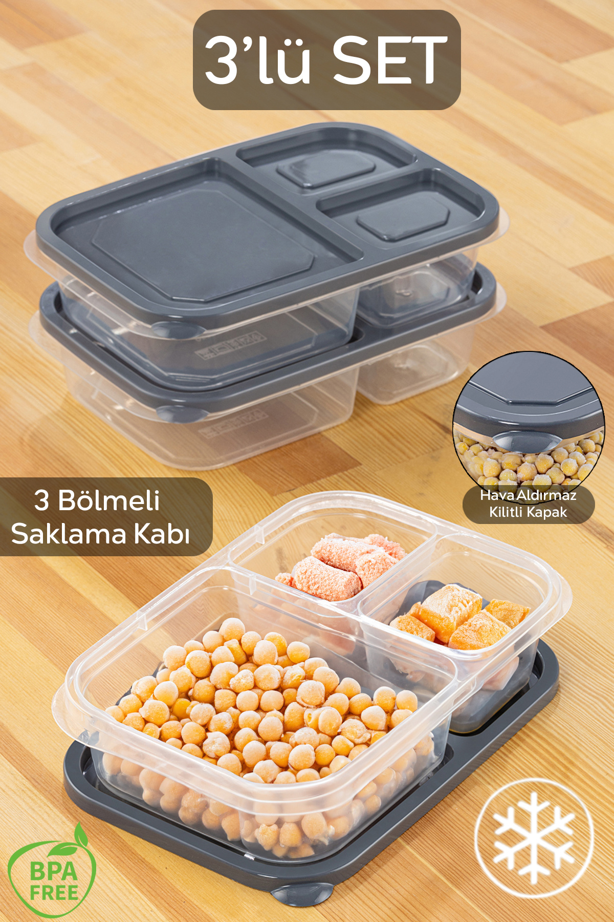Meleni Home-Set of 3 Compartment Deep Freezer Organizer with Lid - Rectangular Refrigerator Storage box 2