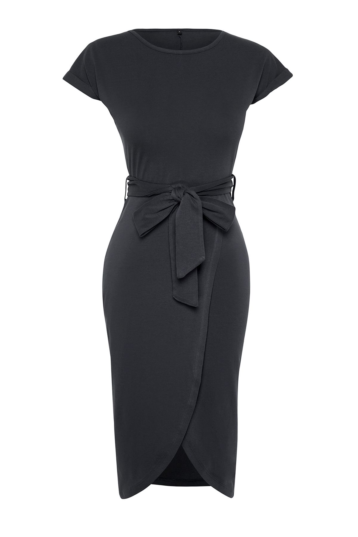 Trendyol Collection-Anthrazitfarbenes Midi-Strick-Maxikleid aus 100 % Baumwolle mit zweireihigem Verschluss und Gürtel, TWOSS24EL00118 7