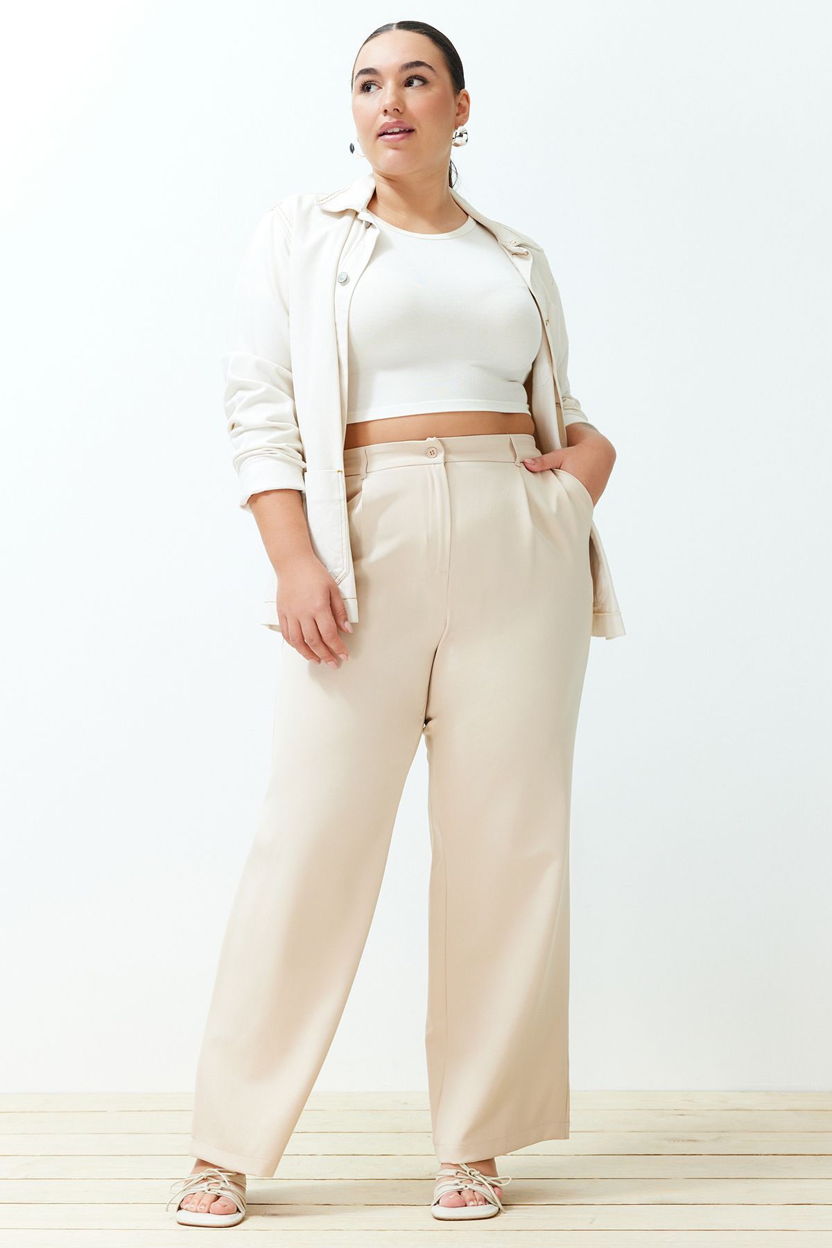 Plus Size Business Casual Pants, Women's Plus Solid Elastic High * Medium  Stretch Straight Leg Trousers With Pockets