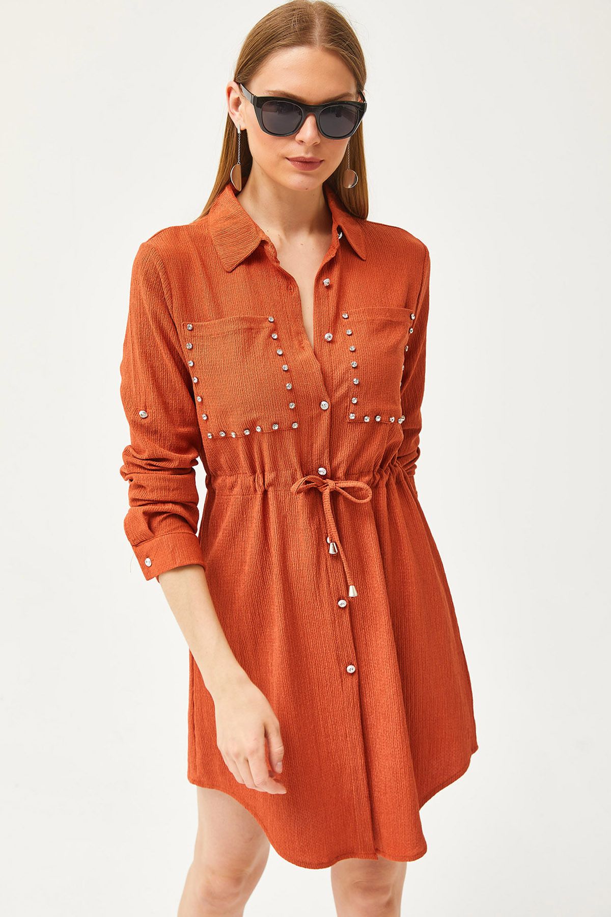 Olalook-Women's Tile Pocket Waist Lace-up Stone Detailed Shirt Dress ELB-19002064 1