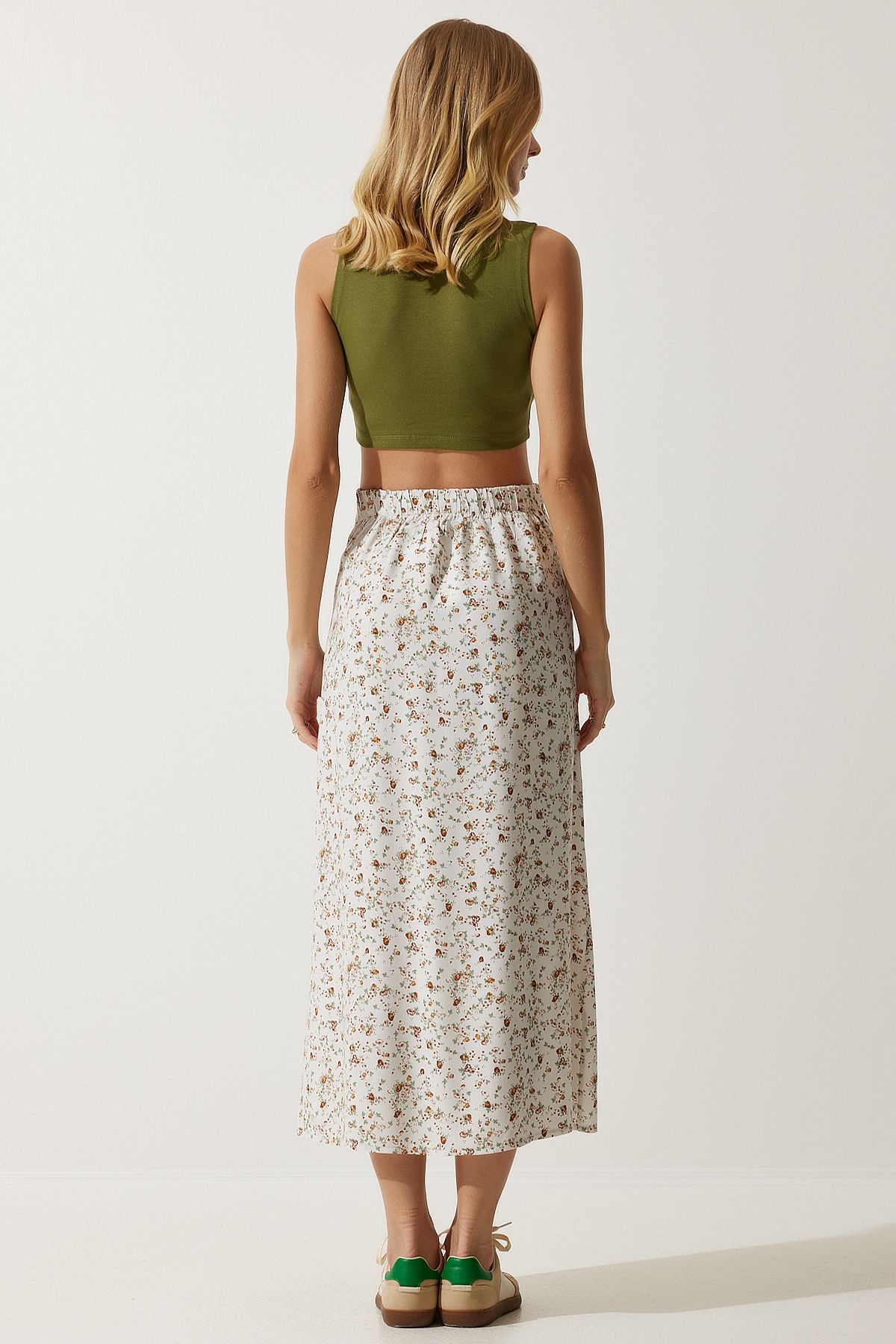 Happiness İstanbul-Women's Ecru Patterned Slit Viscose Skirt UB00246 8