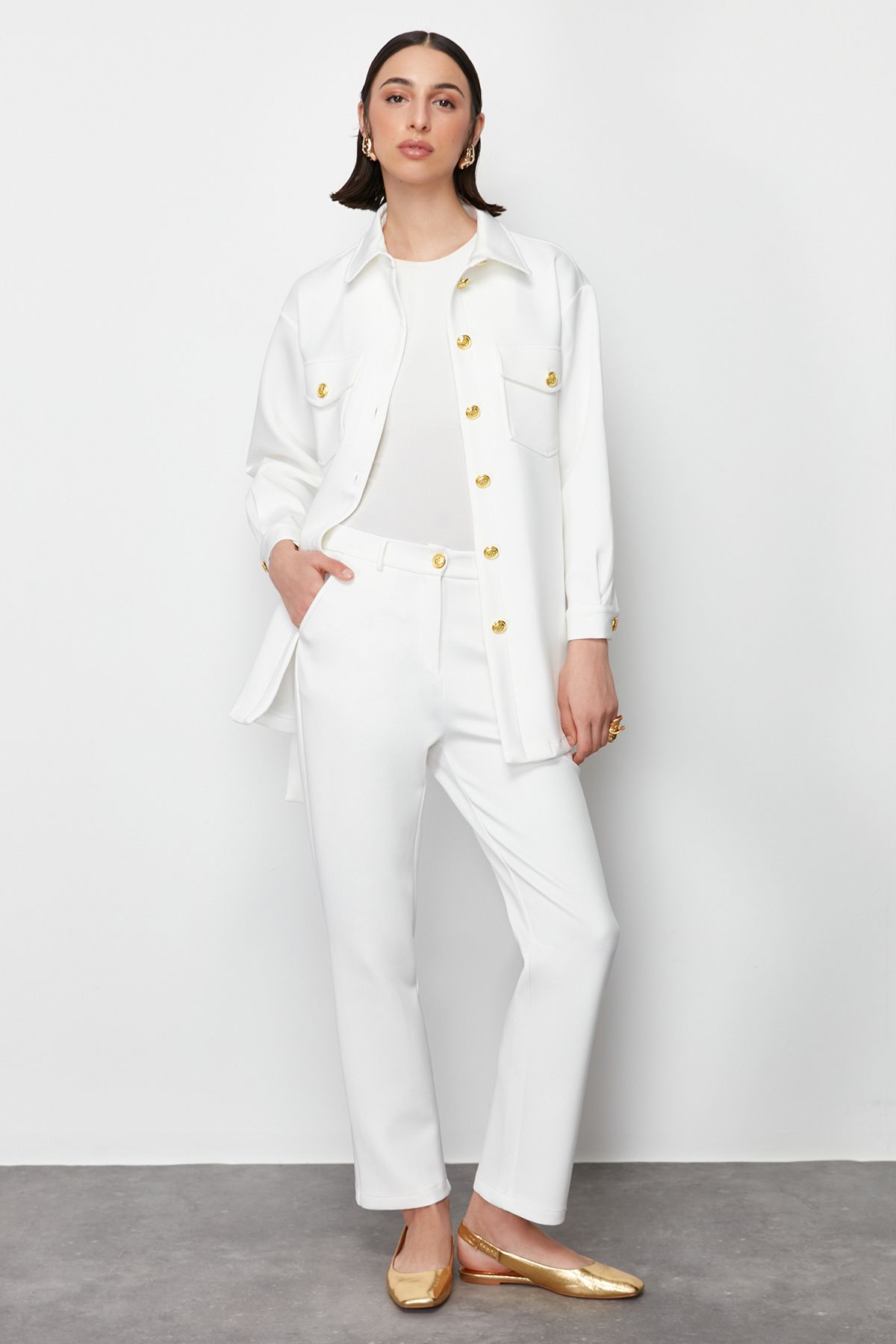 Trendyol Modest-Ecru Gold Scuba Button Detailed Top and Bottom Set - TCTSS24US00017 3