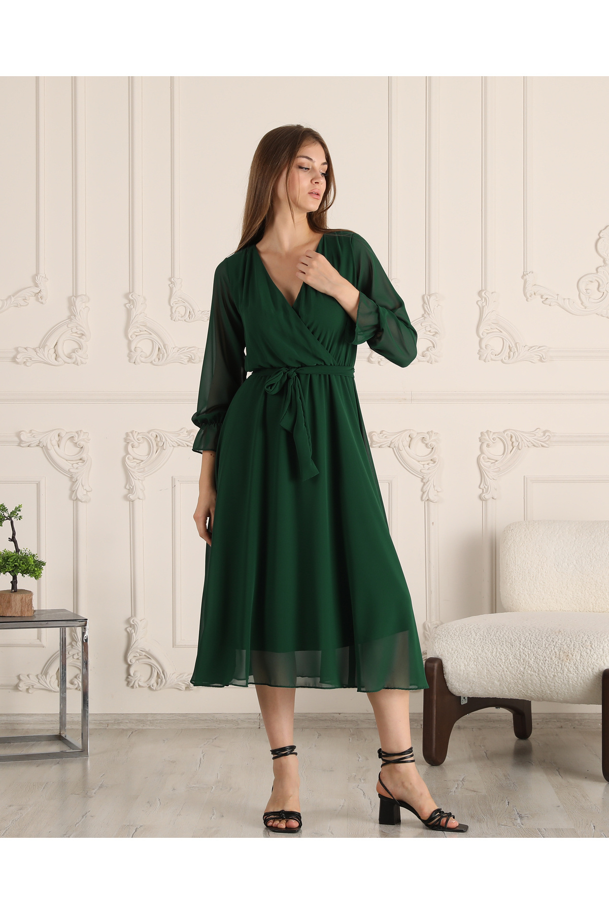 Azra Style Kruvaze Yaka Kuşaklı Şifon Elbise Yeni Sezon 5018