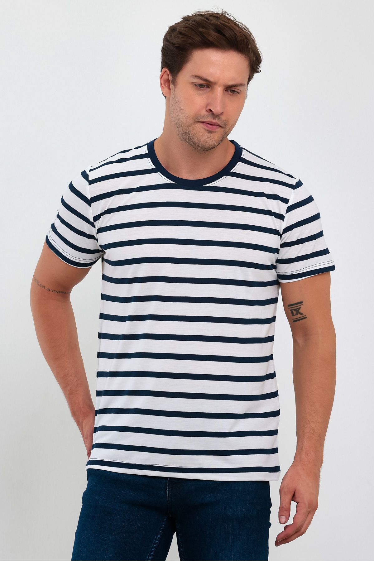 COMBİNE MİCHAİL-Tricou cu dungi cu mânecă scurtă pentru bărbați, albastru bleumarin 3