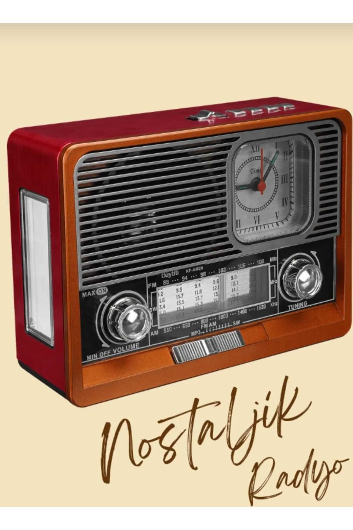 Nostalji Bluetooth Hoparlör Led Işıklı Saatli Fm Radyolu Sd Kart Ve Usb  Bataryalı Pilli