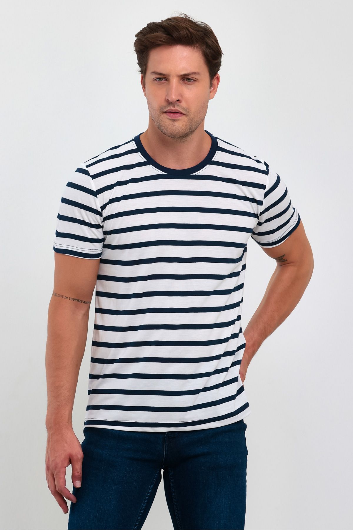 COMBİNE MİCHAİL-Tricou cu dungi cu mânecă scurtă pentru bărbați, albastru bleumarin 4