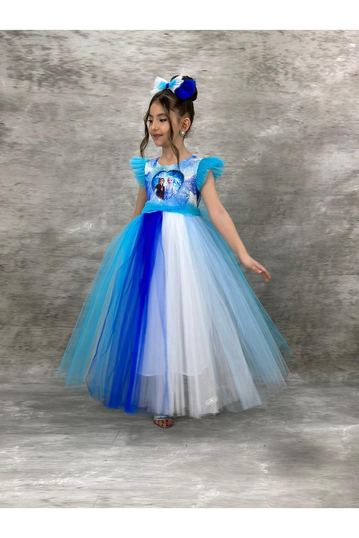 Mashotrend-Floor-Length Sequined Frozen Elsa Costume - Frozen Dress - Blue Dress Girls Evening Dress 2