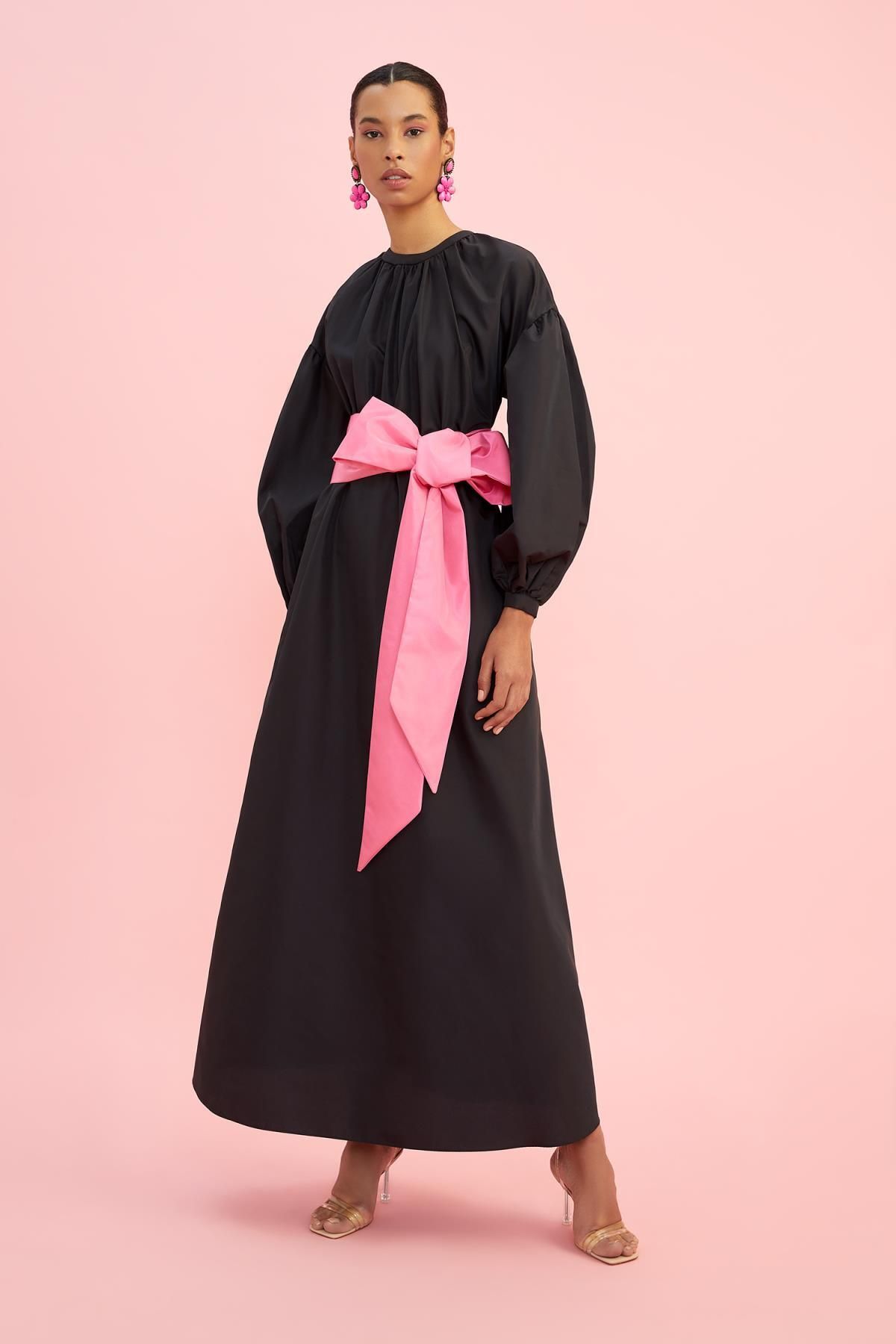DeFacto-فستان Nihan Peker Design برقبة دائرية وأكمام طويلة وحزام خصر من التفتا Y3912az22sm 2