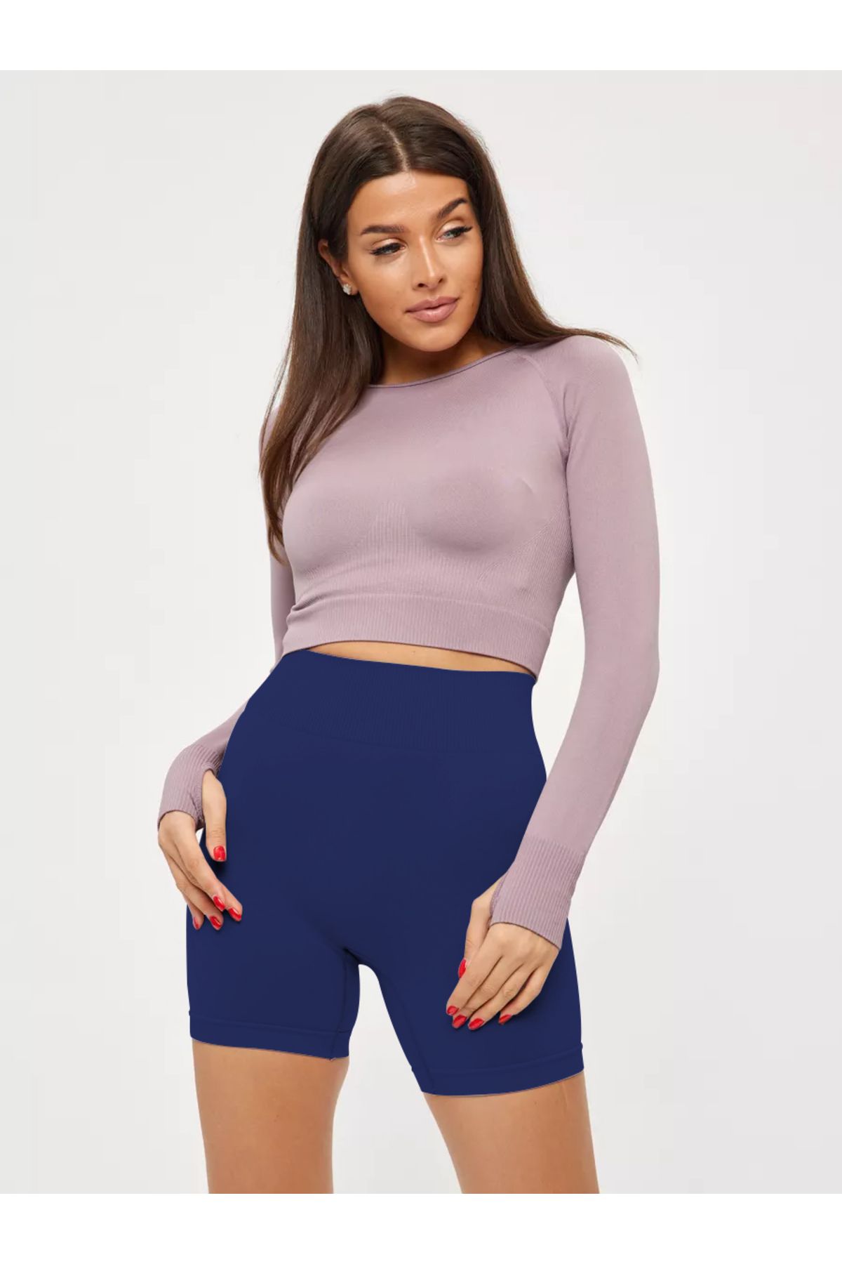 MİSTİRİK-Jerovin Pattern Gathering Knitted Seamless Push Up Effective Short Shorts Navy Blue Color 2