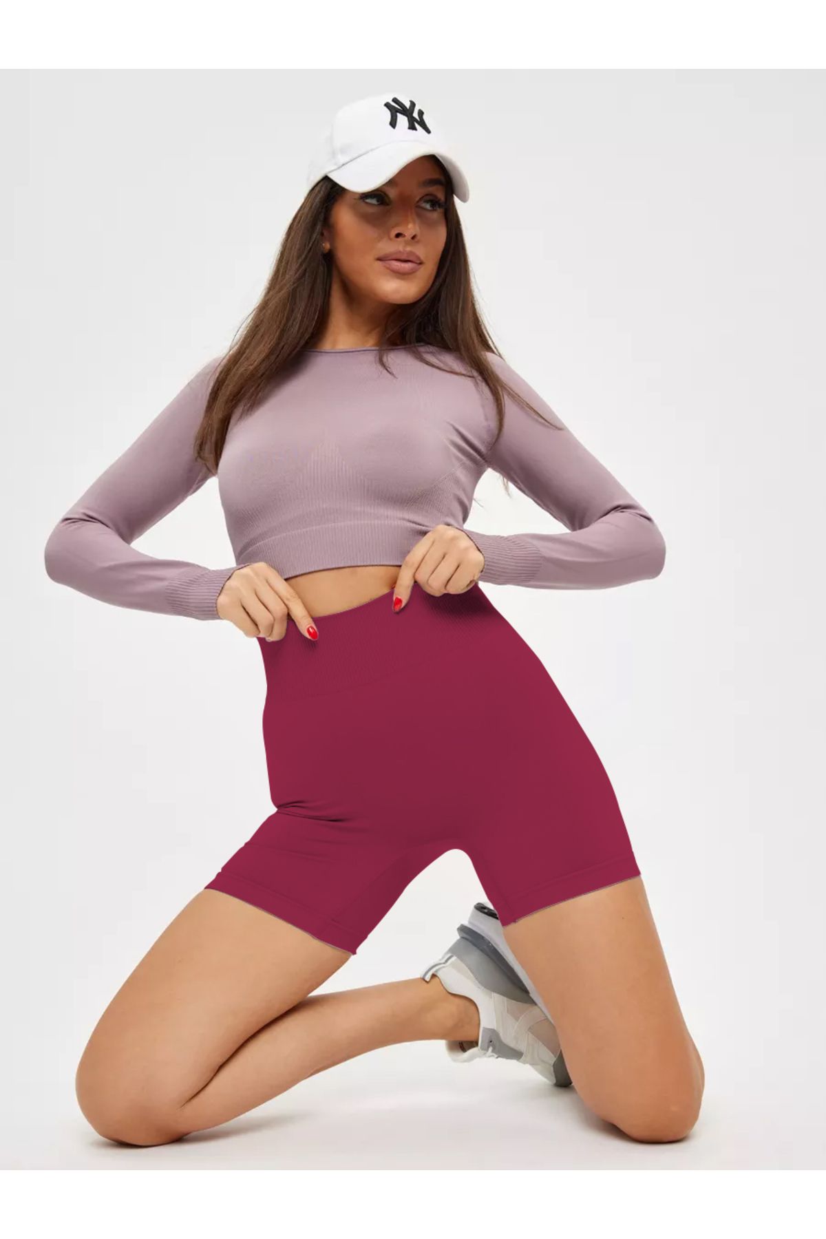 MİSTİRİK-Jerovin Pattern Gathering Knitted Seamless Push Up Effective Short Shorts Claret Red Color 3