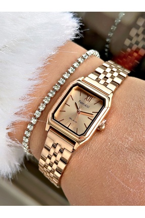 Ferrucci Rosegold Renk Kare Kasa Çelik Kordon Kadın Kol Saati Bileklik Hediyeli
