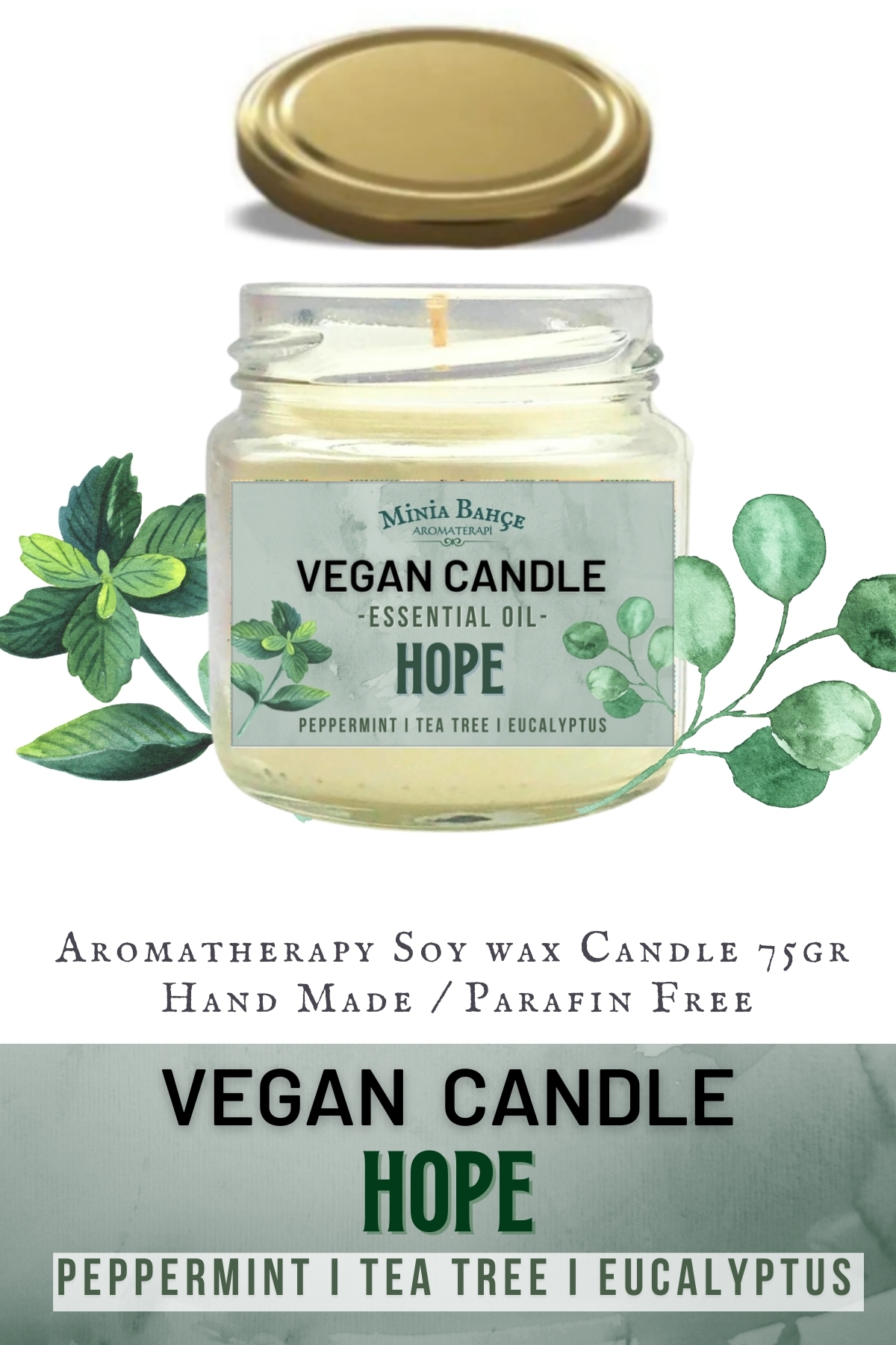 Aromatherapy Vegan Soy Wax Candle - Pine, Mint, Eucalyptus and Tea Tree, 75 g