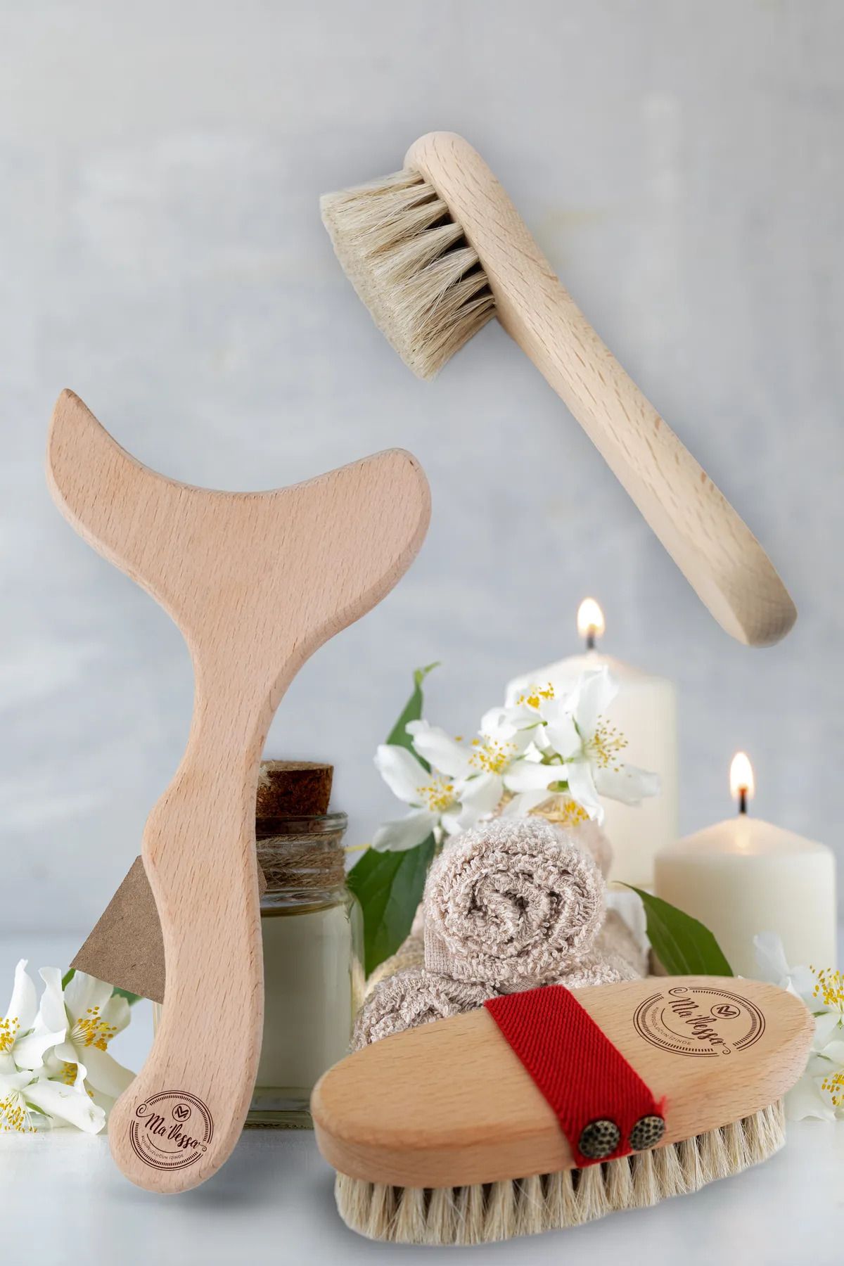 سلولیت طبیعی موی اسب بدن-برس صورت-ماساژ ابزار آرایشی 3 تکه (همراه با هدیه کیسه نگهدارنده) Ma'Vessa