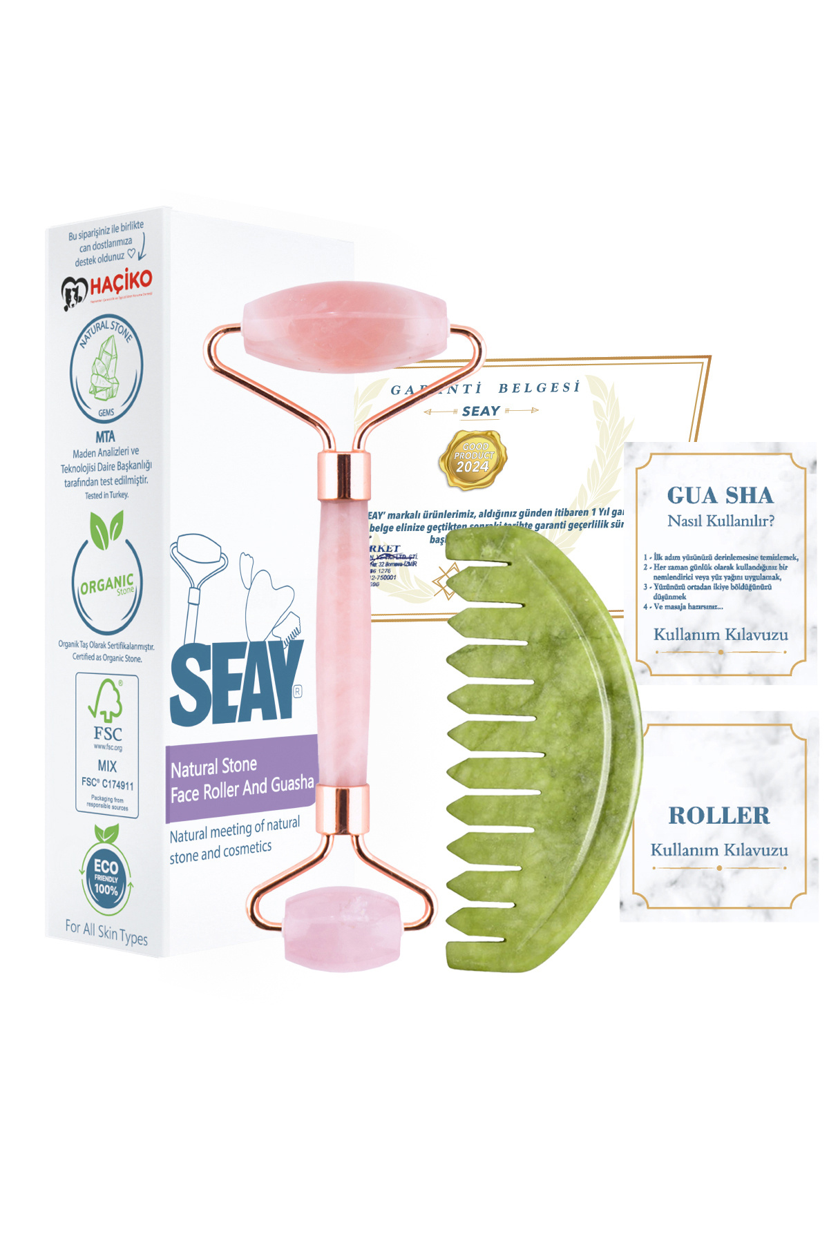 Seay Pembe Kuvars Face Roller Ve Yeşim Tarak Gua Sha Masaj Aleti Doğal Taş Sertifikalı — سبز 8684402563022