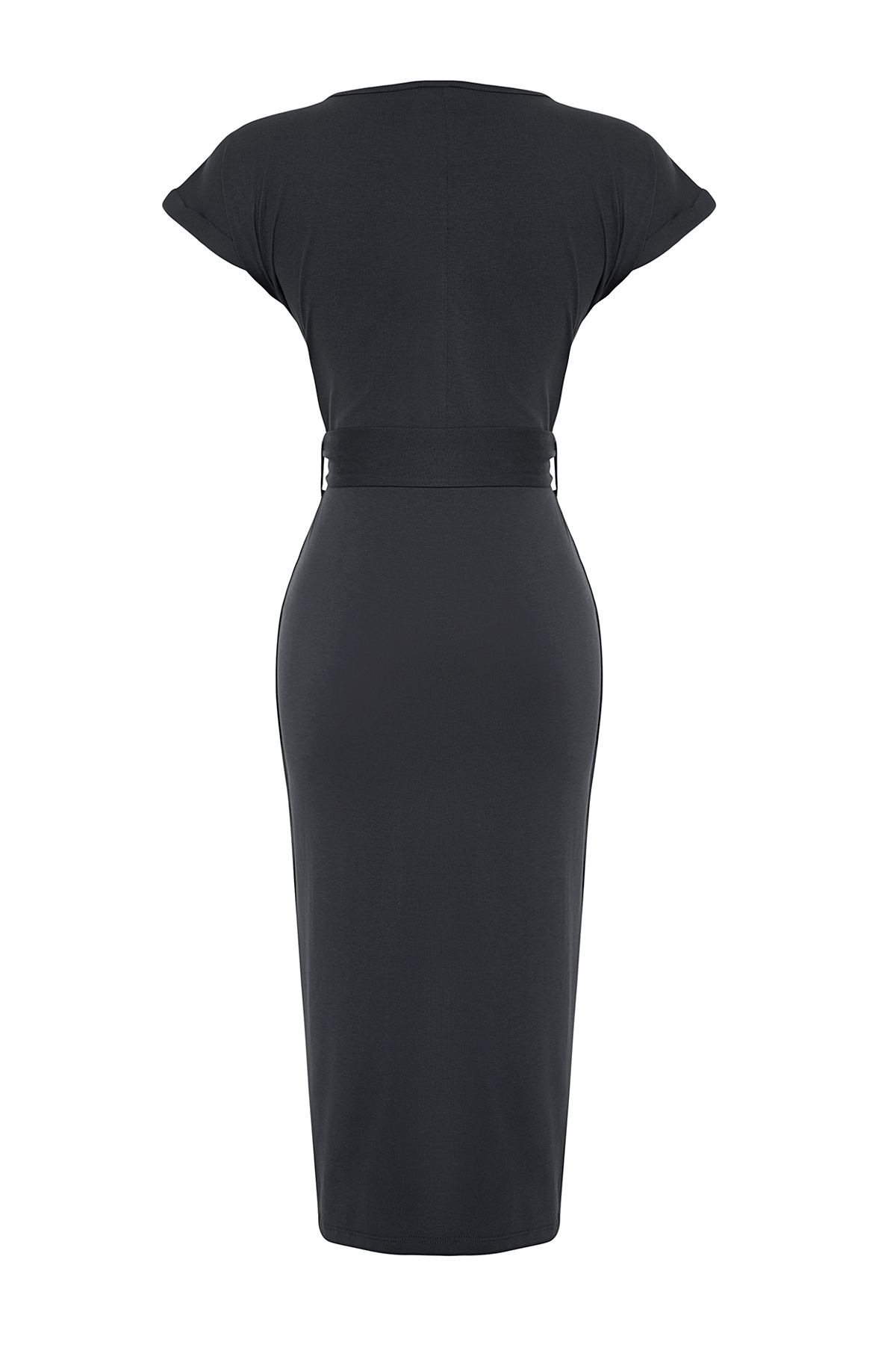 Trendyol Collection-Anthrazitfarbenes Midi-Strick-Maxikleid aus 100 % Baumwolle mit zweireihigem Verschluss und Gürtel, TWOSS24EL00118 8