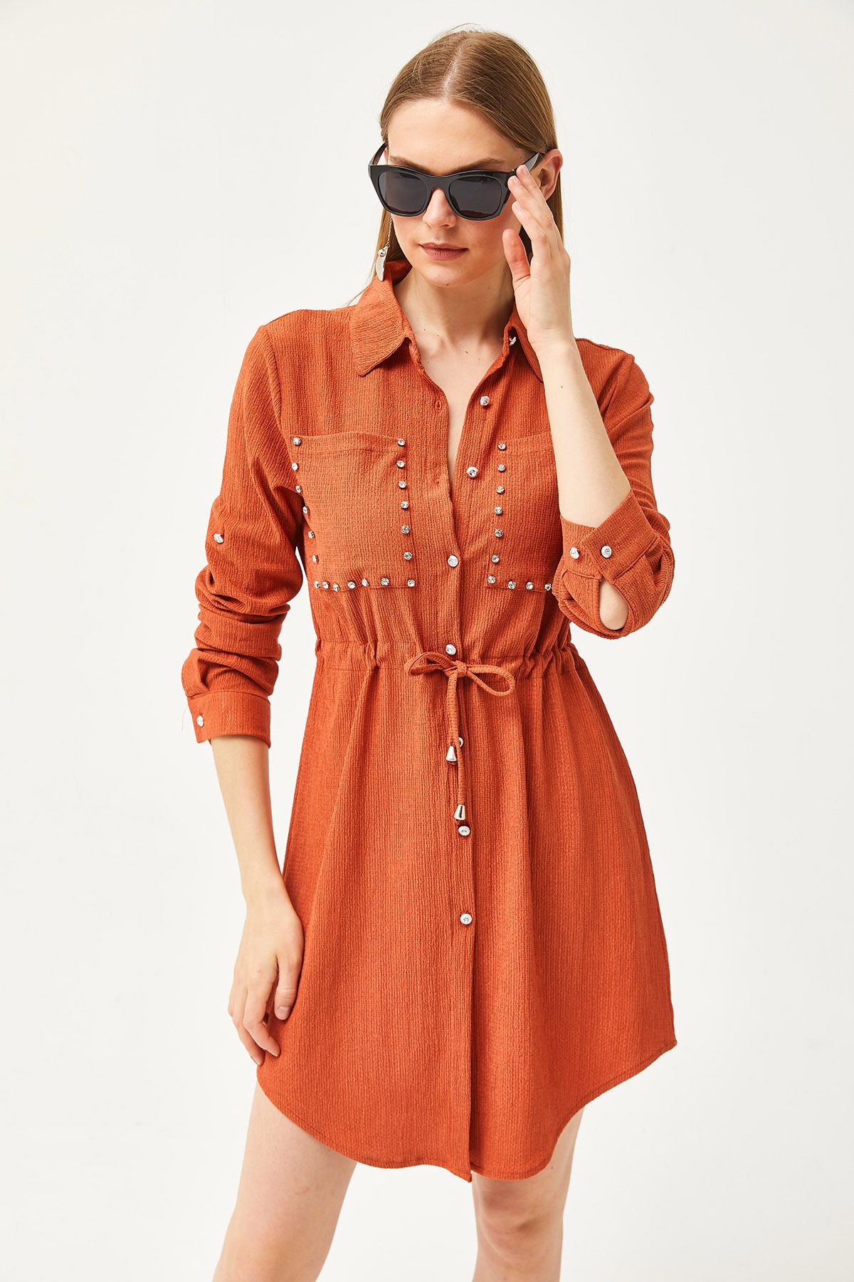 Olalook-Women's Tile Pocket Waist Lace-up Stone Detailed Shirt Dress ELB-19002064 3