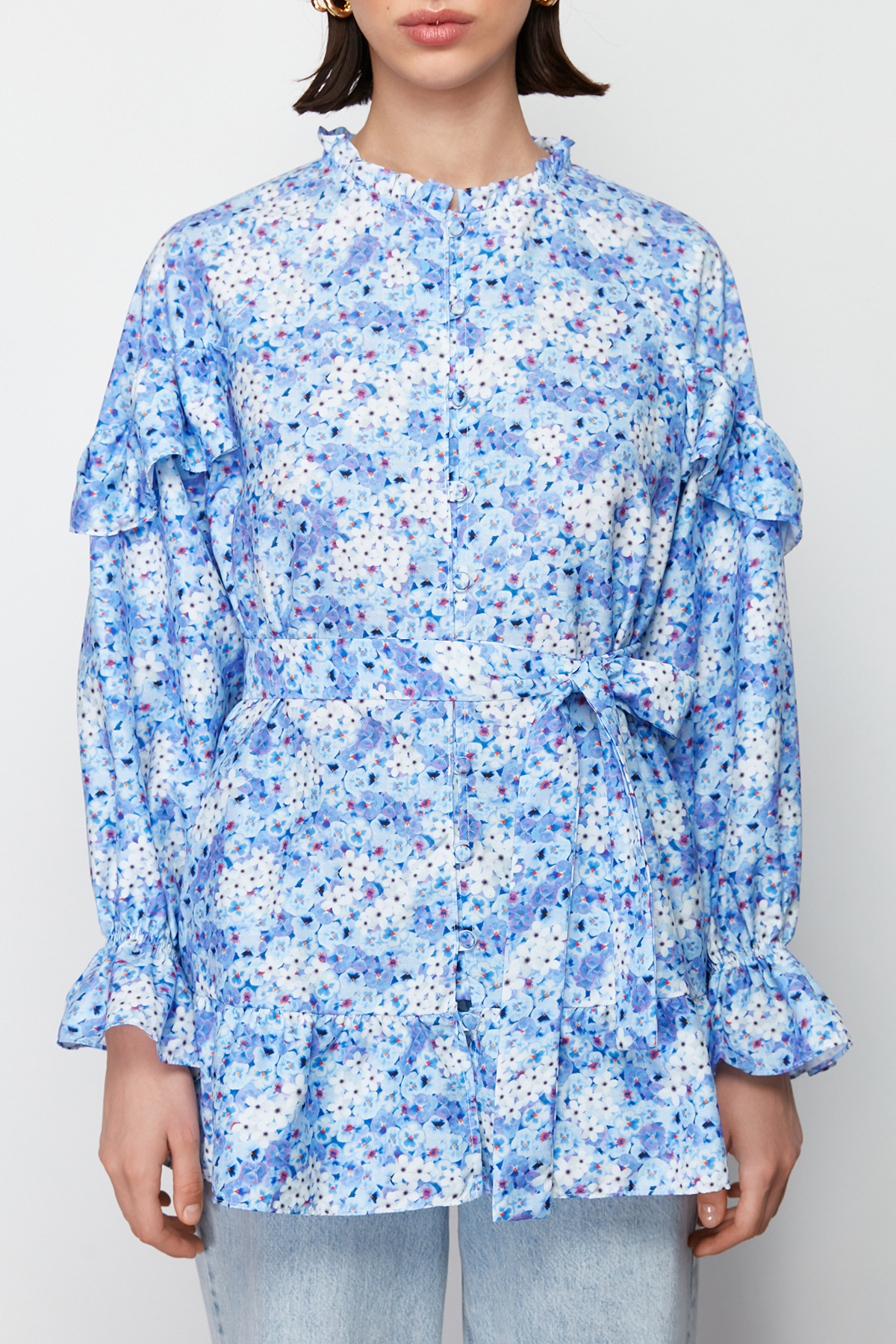 Trendyol Modest-Tnică țesută cu flori albastru deschis TCTSS24UK00025 4