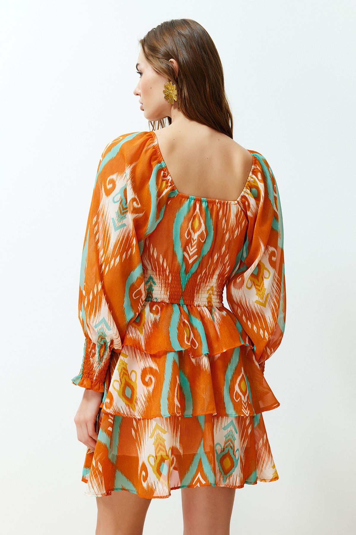 Trendyol Collection-Orange Floral Skater Mini Dress Carmen Collar Chiffon Lined 6
