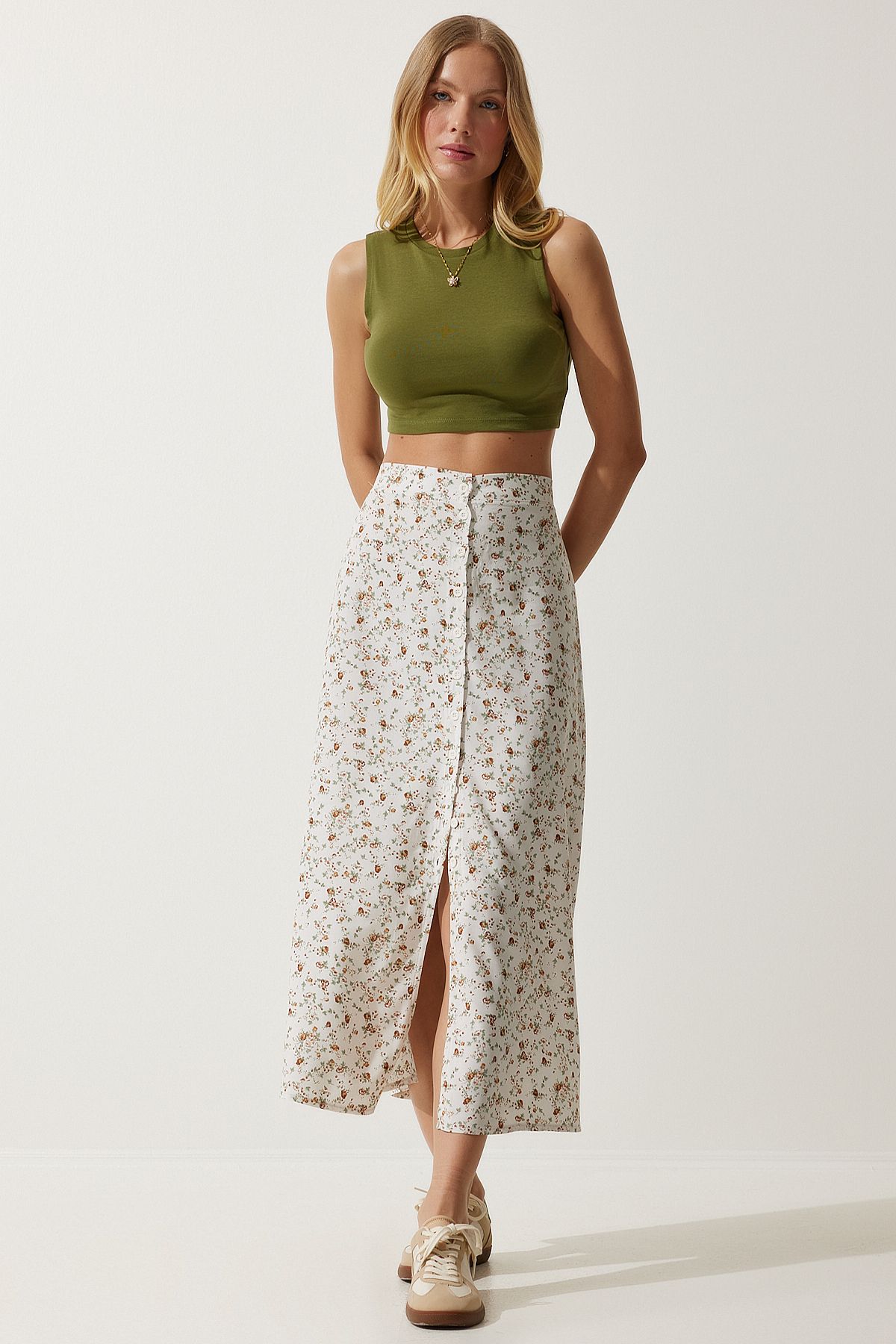 Happiness İstanbul-Women's Ecru Patterned Slit Viscose Skirt UB00246 4