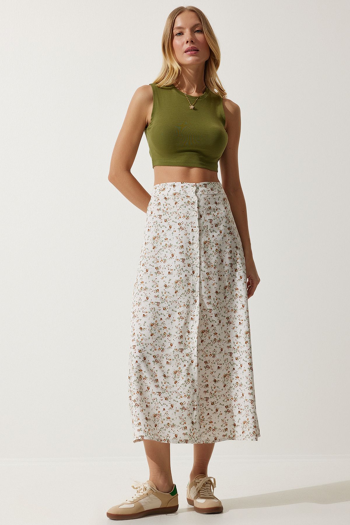 Happiness İstanbul-Women's Ecru Patterned Slit Viscose Skirt UB00246 3