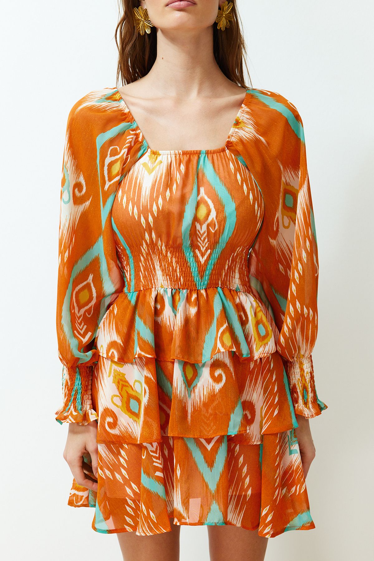 Trendyol Collection-Orange Floral Skater Mini Dress Carmen Collar Chiffon Lined 4