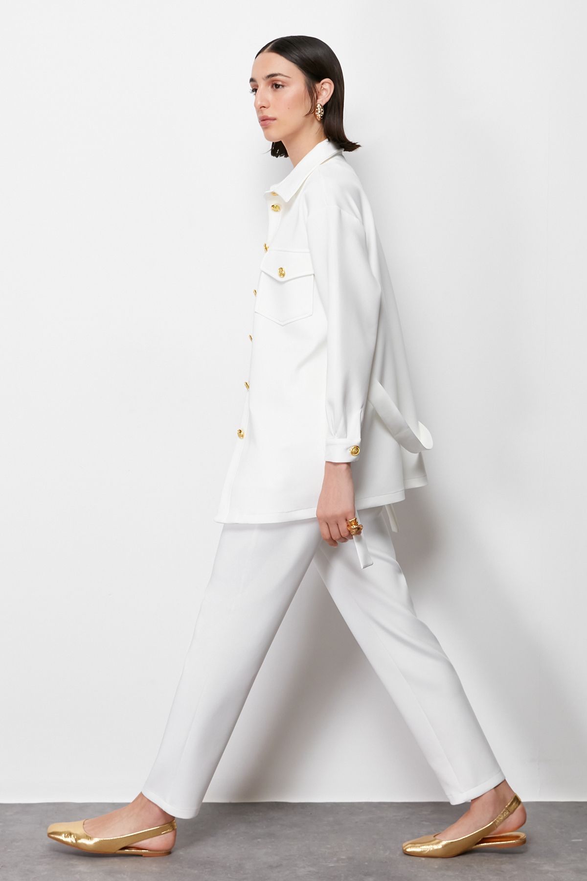 Trendyol Modest-Ecru Gold Scuba Button Detailed Top and Bottom Set - TCTSS24US00017 4