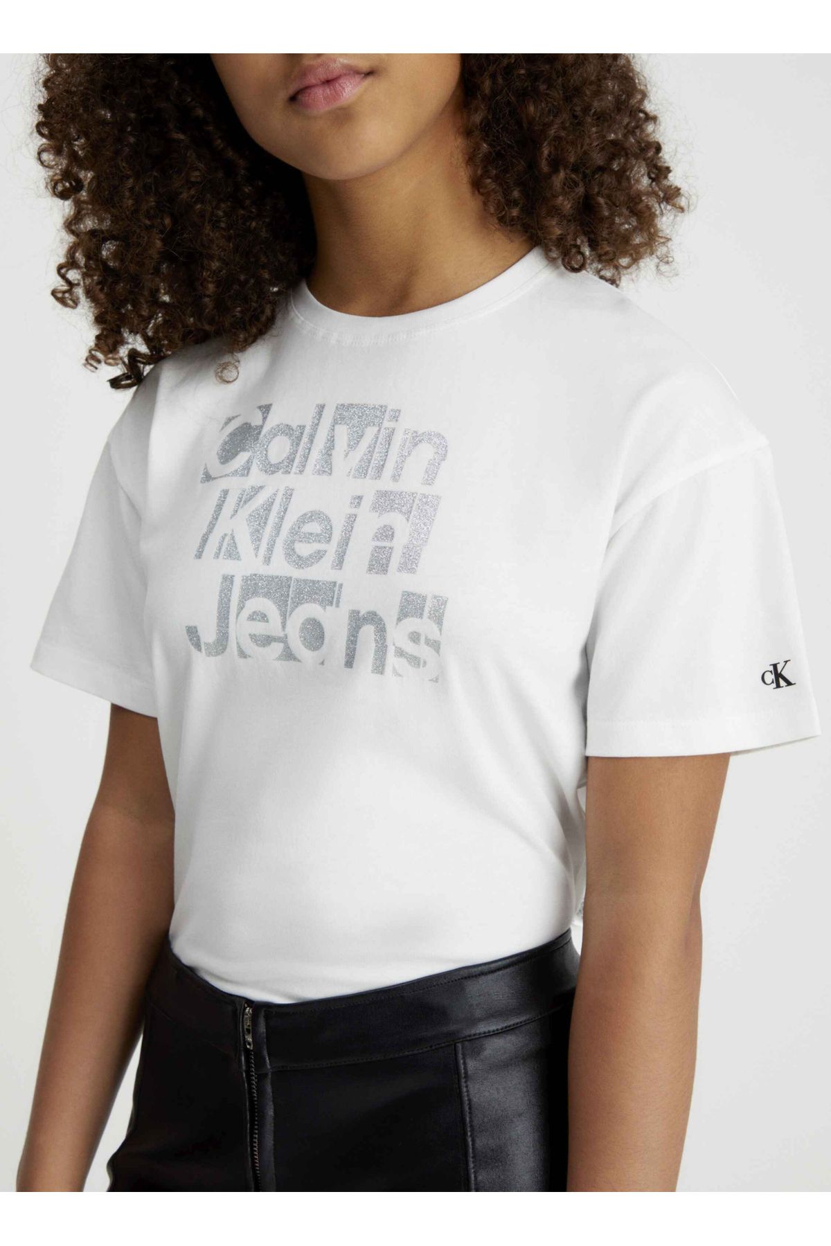 Calvin Klein Calvin Klein تی‌شرت زنانه سفید چاپی متالیک CKJ بافت باکسی