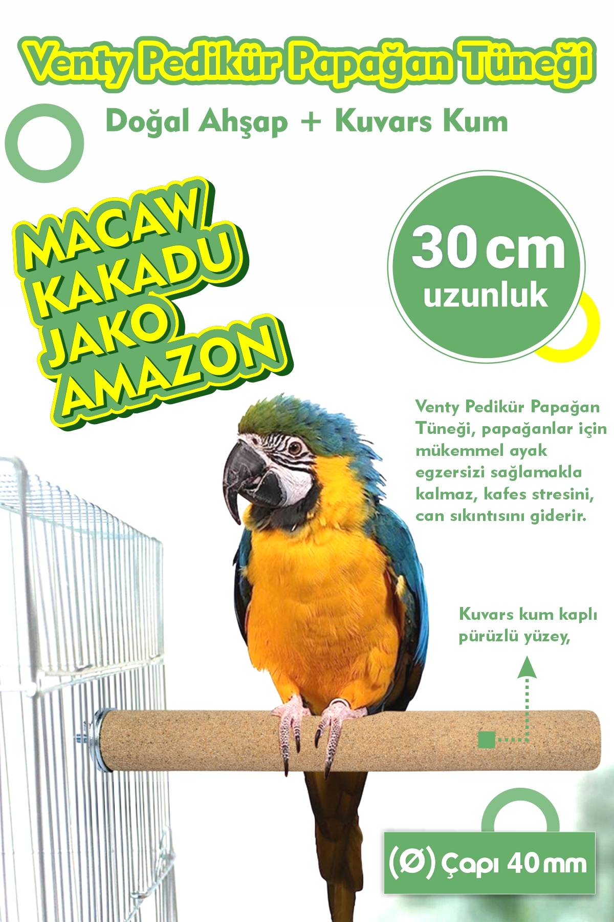 Vixpet Venty 30 Cm (40 MM) Pedikür Papağan Tüneği Macaw, Kakadu, Jako, Amazon, Eklektus - Kumlu Tünek