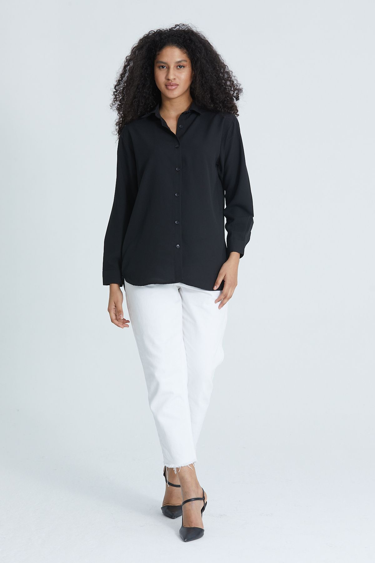 DEFES-Women's Black Shirt Collar Long Sleeve Basic Oversize Shirt 4
