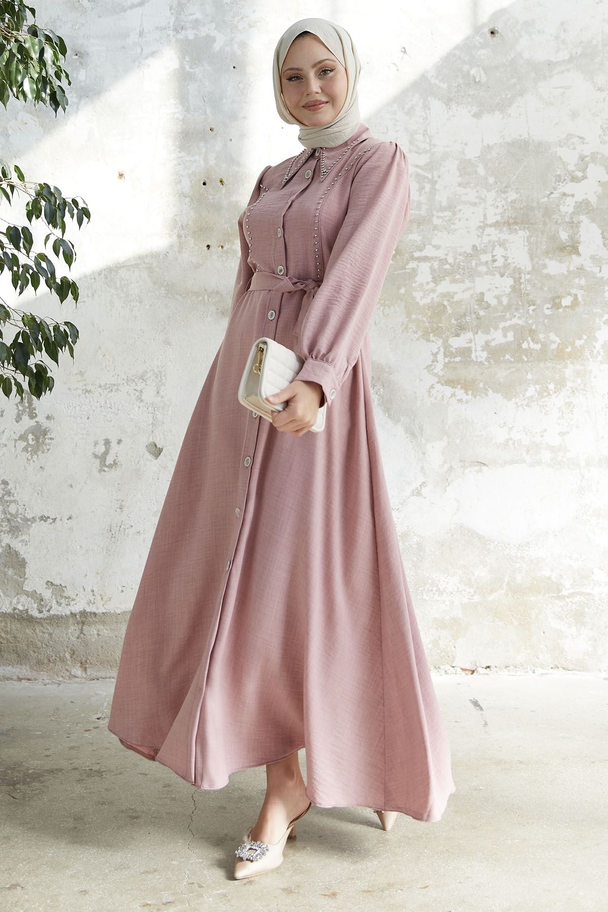 InStyle-Beaded Buttoned Linen Dress - Powder 4