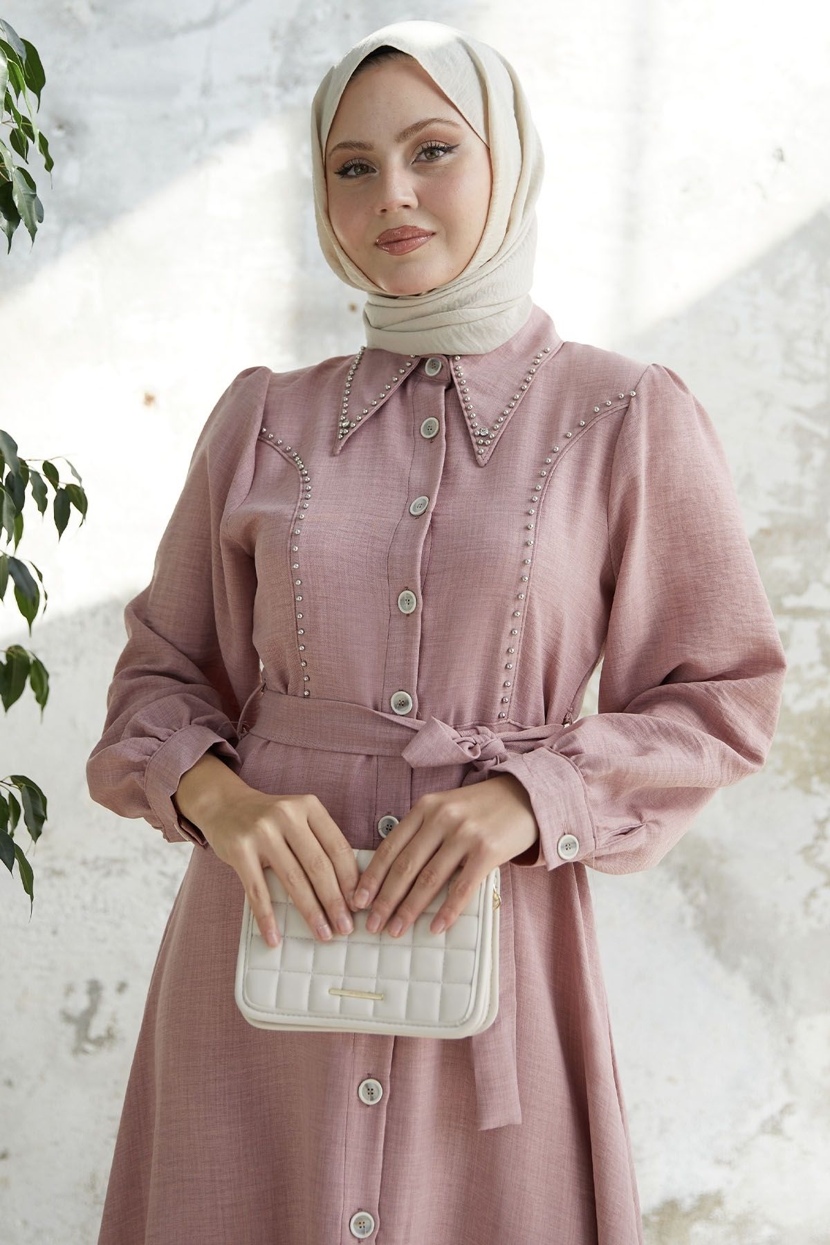 InStyle-Beaded Buttoned Linen Dress - Powder 3