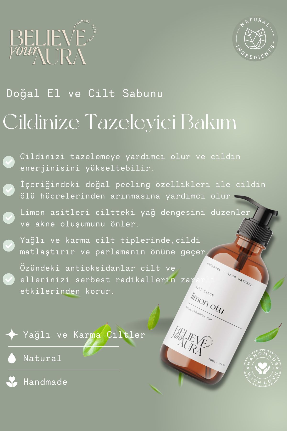 عصاره گیاه بادرنجبویه صابون مایع دست و پوست - ویتامین E آلوئه ورا شی باتر - 500 میلی لیتر Believe Your Aura