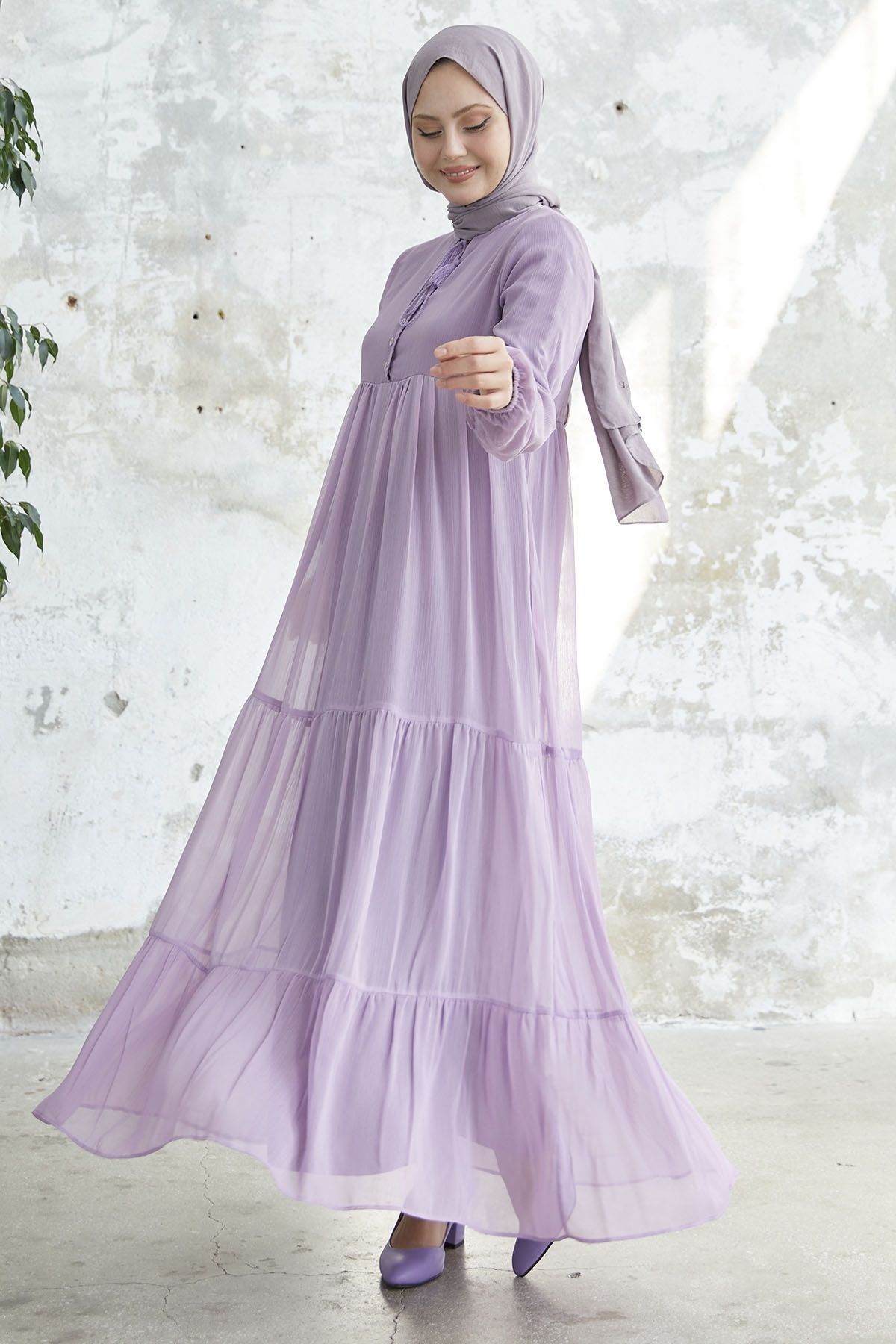 InStyle-Lace-up Collared Yoryo Chiffon Dress - Lilac 3
