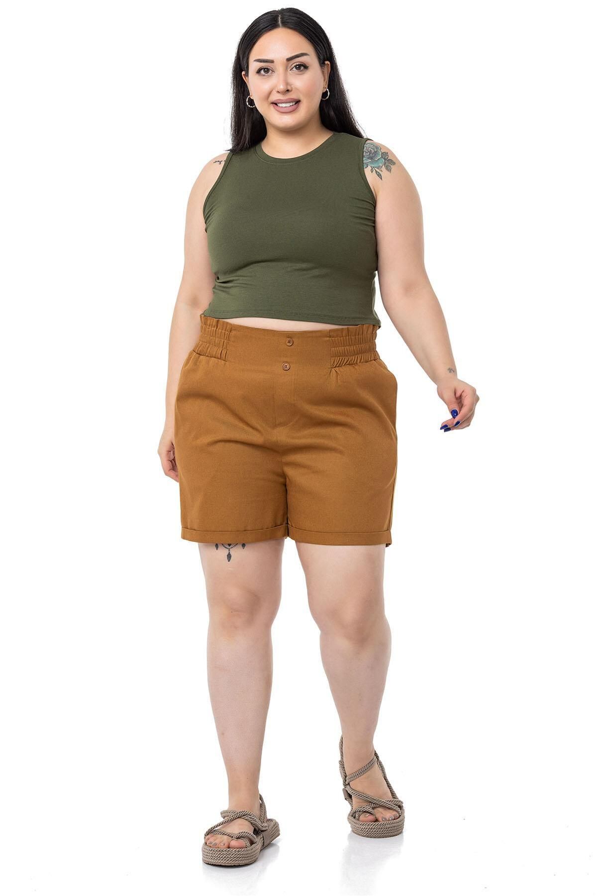 DISENTIS MODEST Pantaloni Scurți Din Gabardină De Mărime Mare, Scorțișoară, Cu Talie Elastică Pe Lateral Și Spate Și Cu Detaliu Pliat Femeie - 46