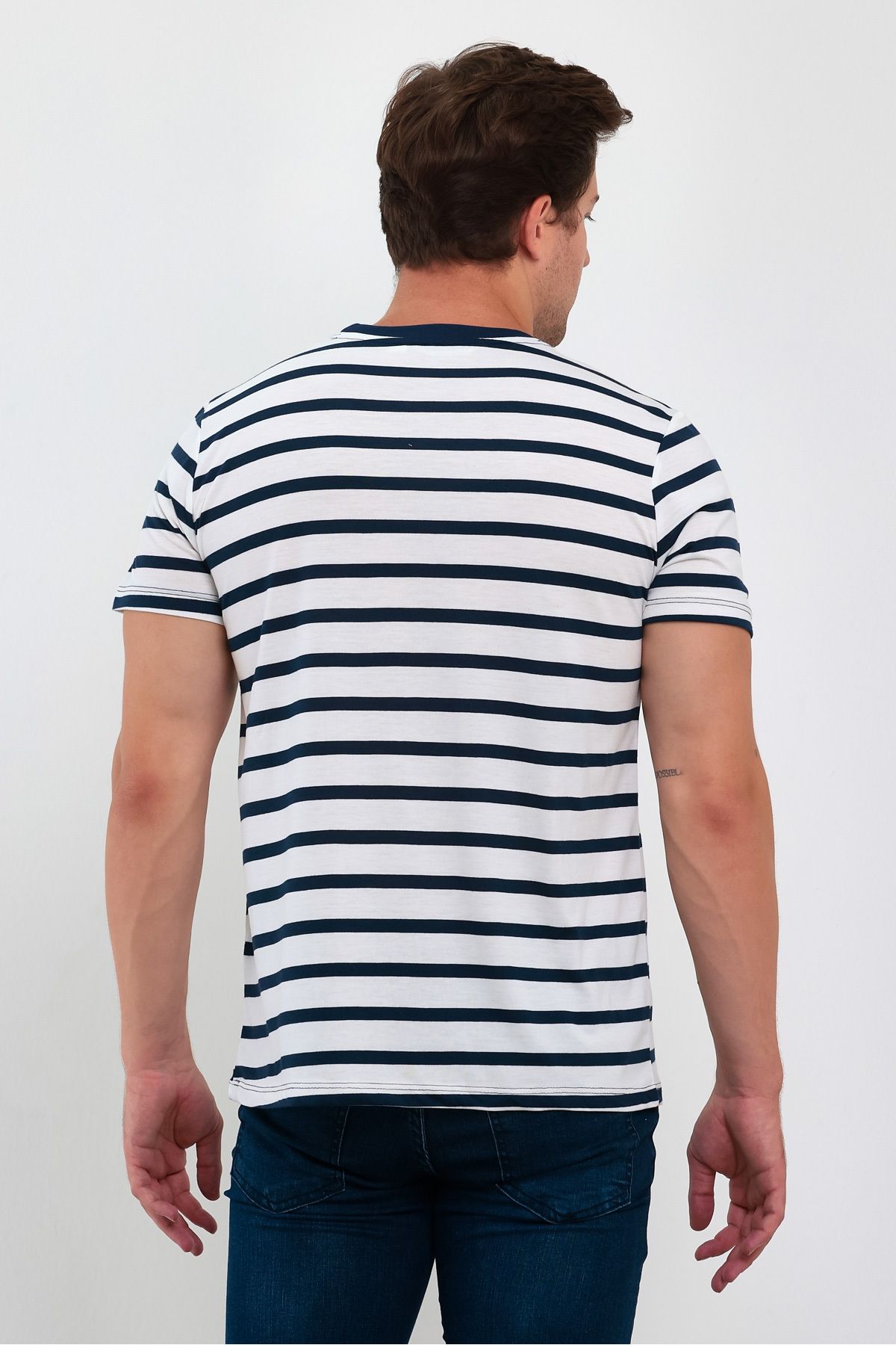 COMBİNE MİCHAİL-Tricou cu dungi cu mânecă scurtă pentru bărbați, albastru bleumarin 6