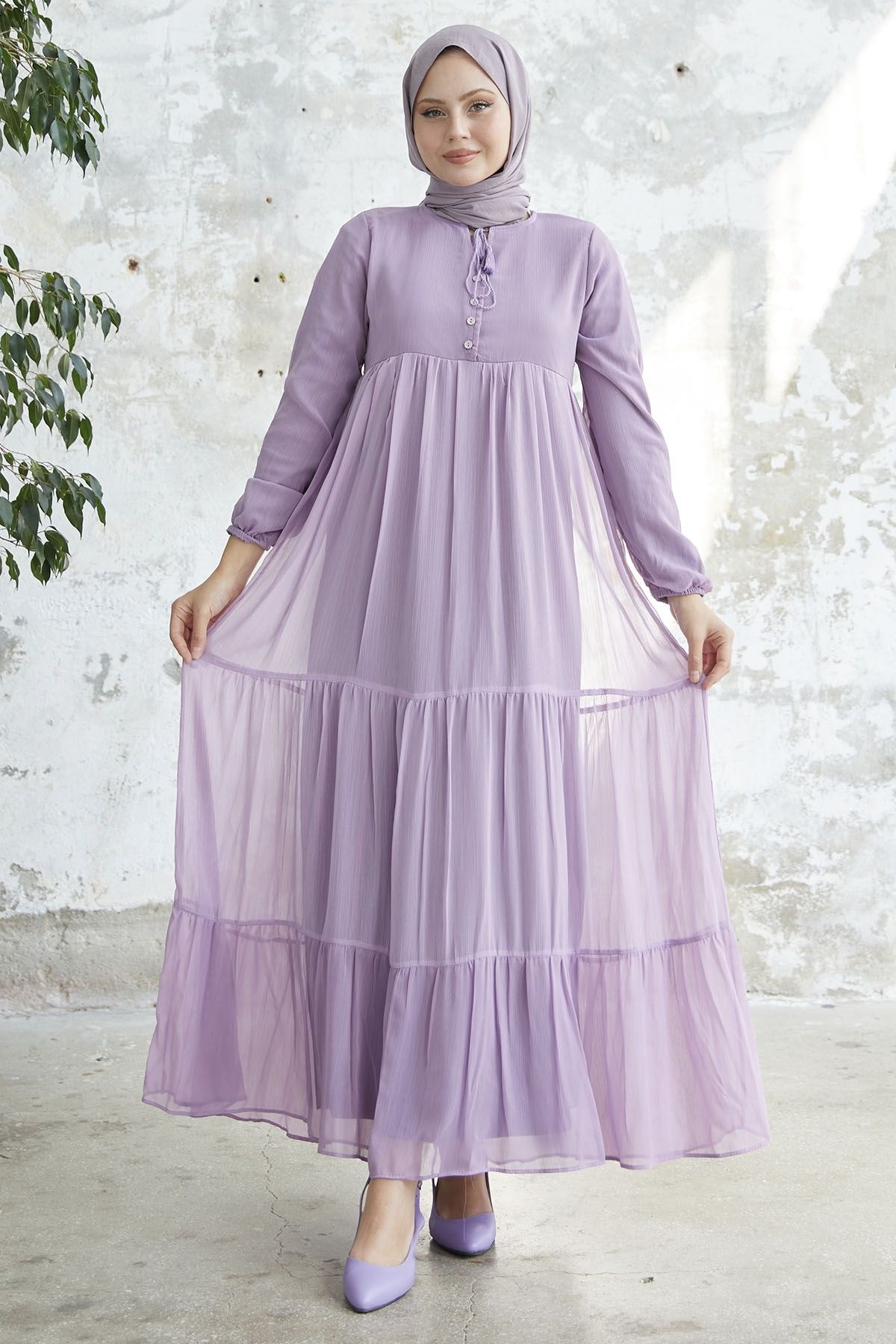 InStyle-Lace-up Collared Yoryo Chiffon Dress - Lilac 5