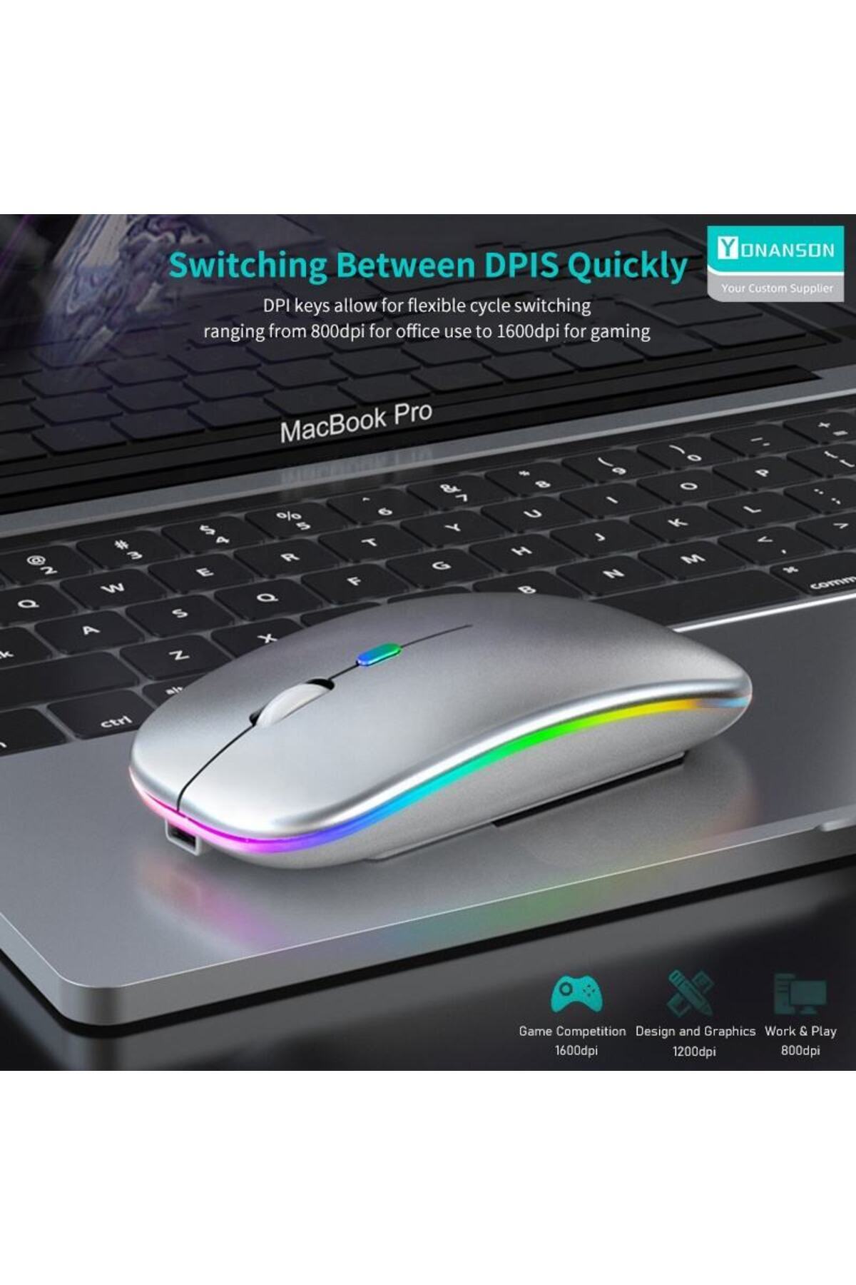 Kablosuz Fare Wireless Mouse, Bluetooth 5.2, Şarjlı, Ergonomik, Type-c, 1200/1600 Dpı, Led Işık 3
