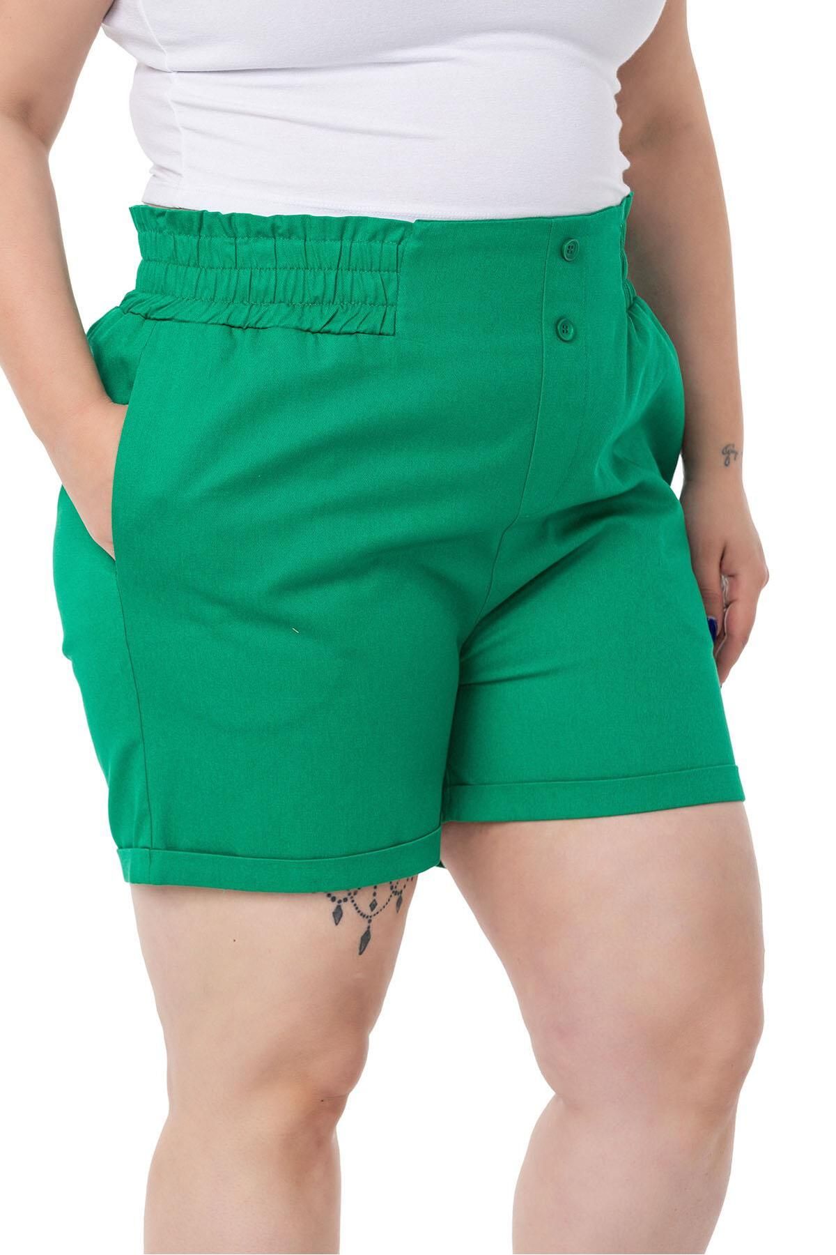 DISENTIS MODEST-Plus Size Gabardine Green Shorts with Elastic Waist, Side and Back and Fold Detail 4
