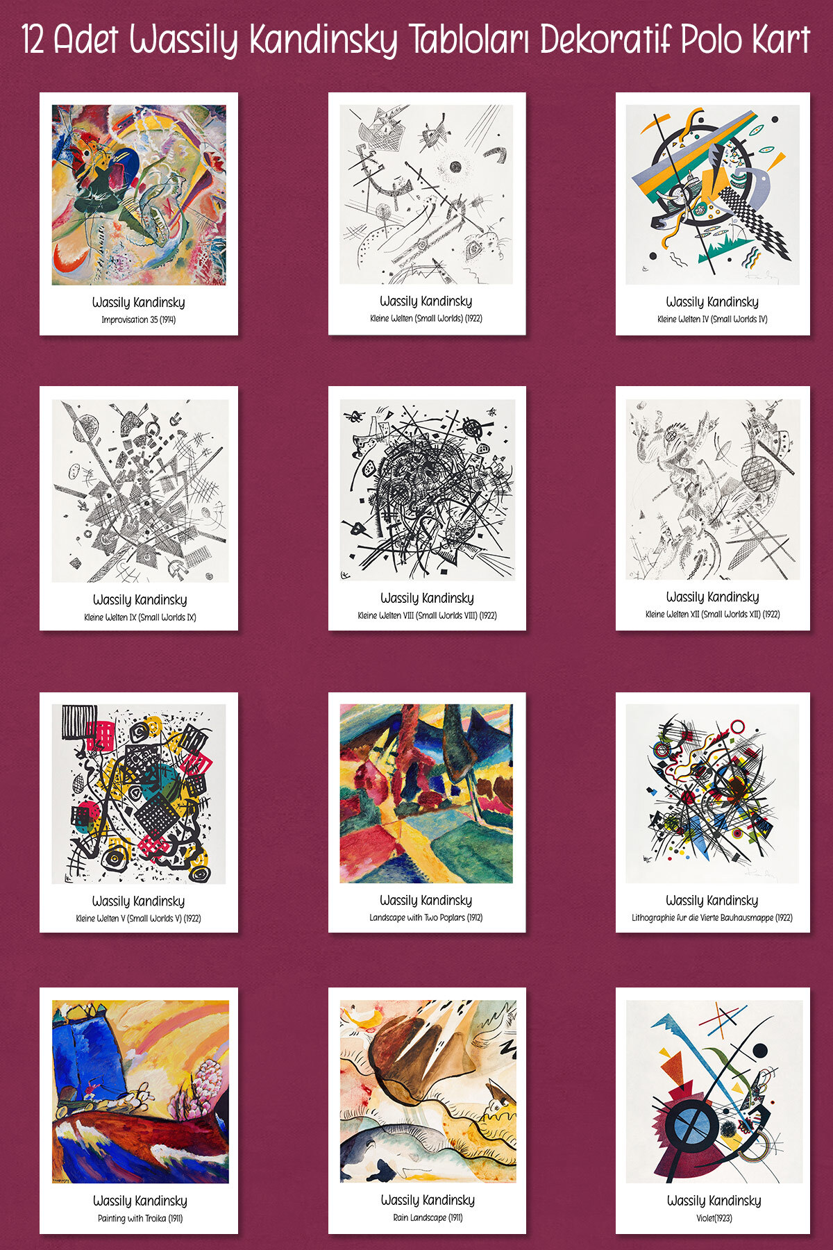 Runrux Wassily Kandinsky Tabloları 12 Adet Dekoratif Polo Kart - Sanatsal Poster Kartları