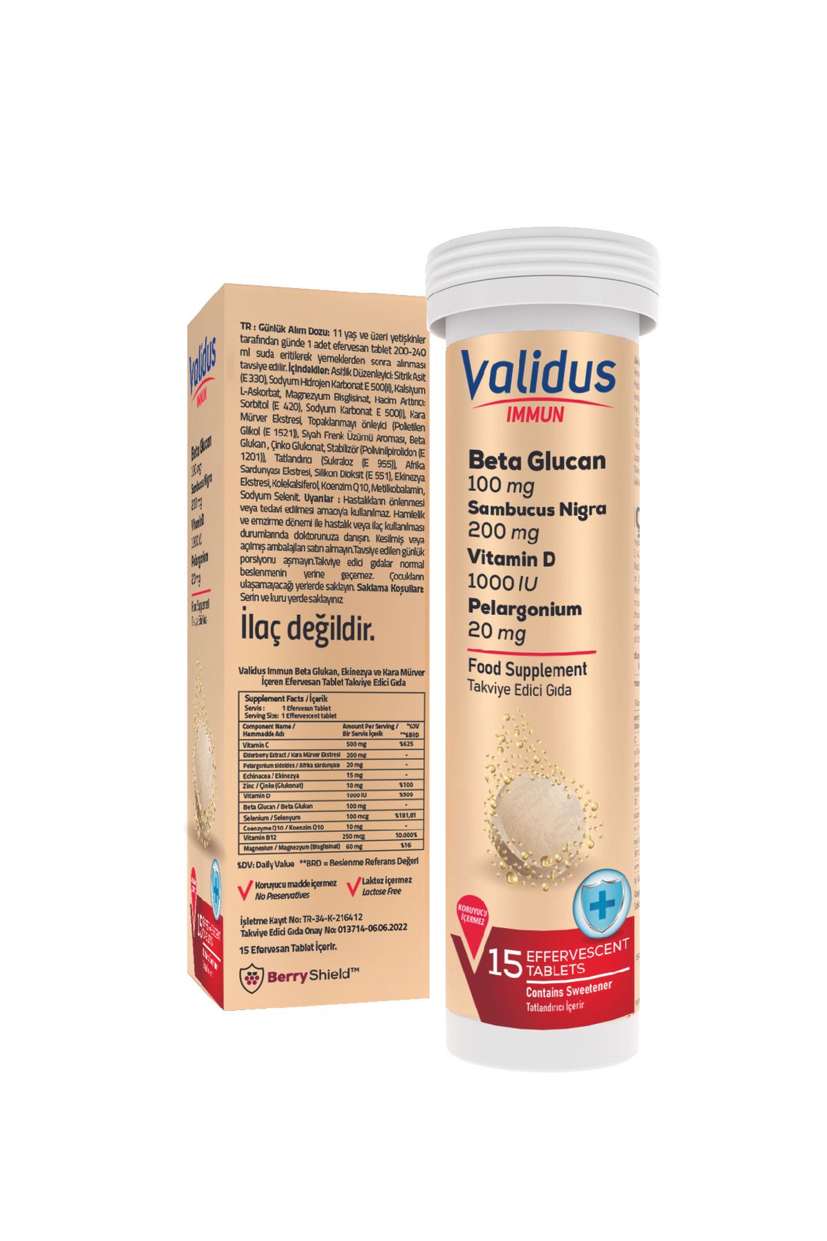 Validus-Immun Beta Glucan + Echinacea Sambucus Nigra + Coenzyme Q10 + Pelargonium 15 Effervescent Tablets 2