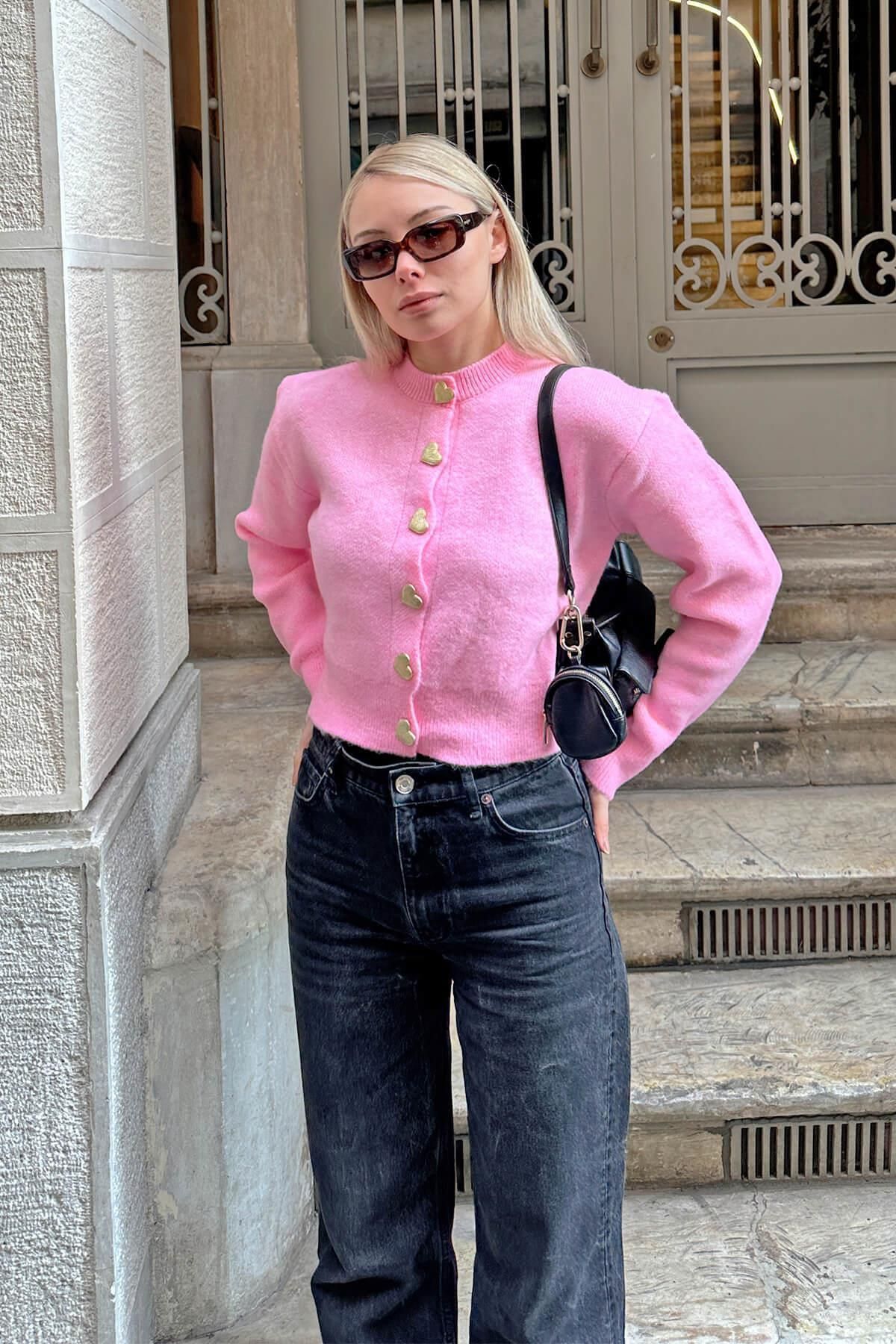 Swist-Rosa Herz Gold Herz geknöpft Damen Strick Strickjacke 3