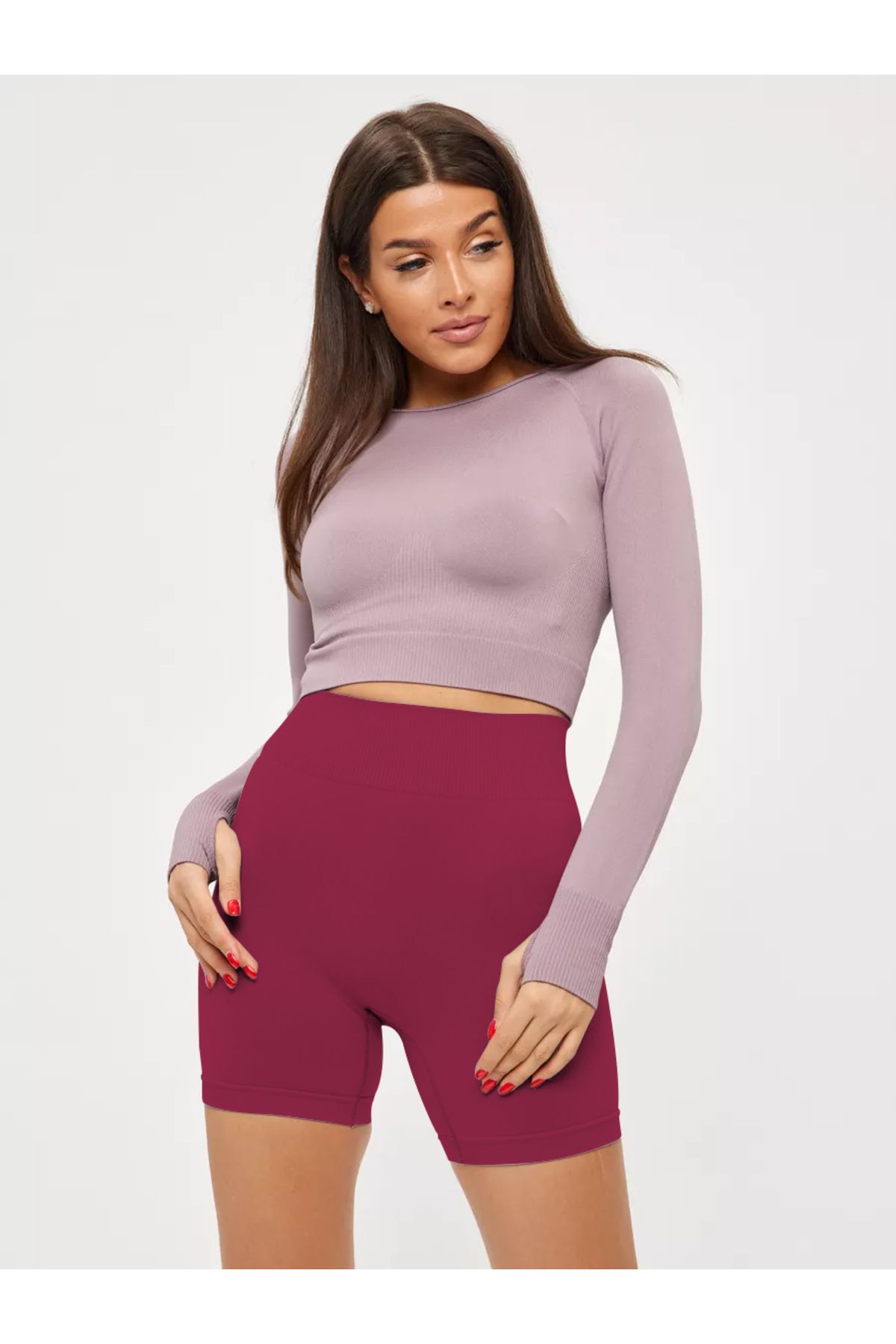 MİSTİRİK-Jerovin Pattern Gathering Knitted Seamless Push Up Effective Short Shorts Claret Red Color 2